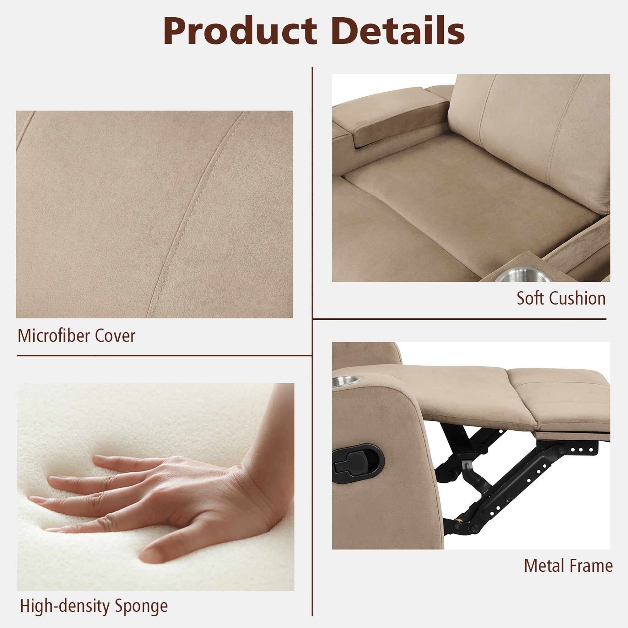 Fauteuil inclinable Costway, canapé simple, avec rangement pour accoudoirs et tasse
