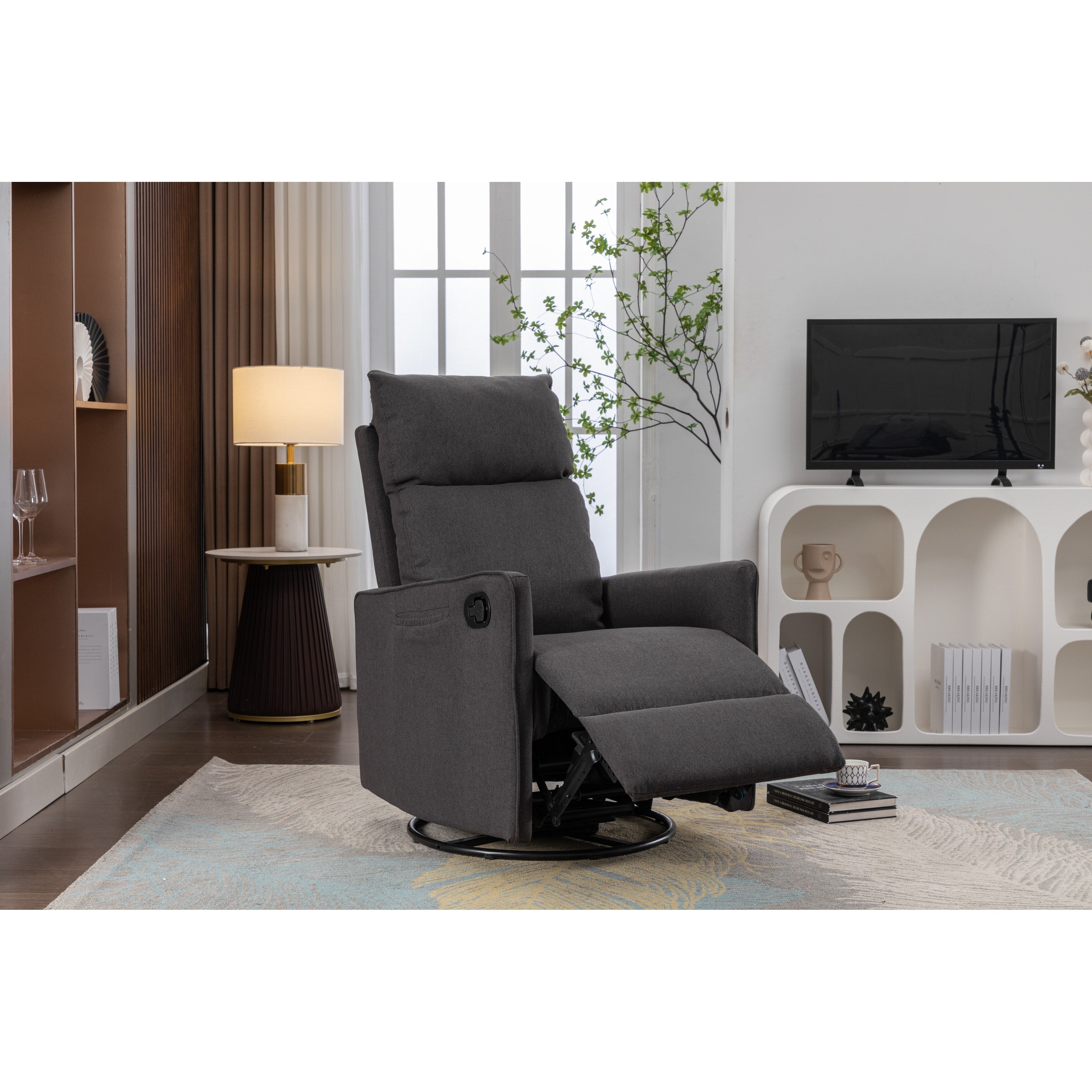Fauteuil à bascule pivotant en coton et lin avec dossier et repose-pieds réglables