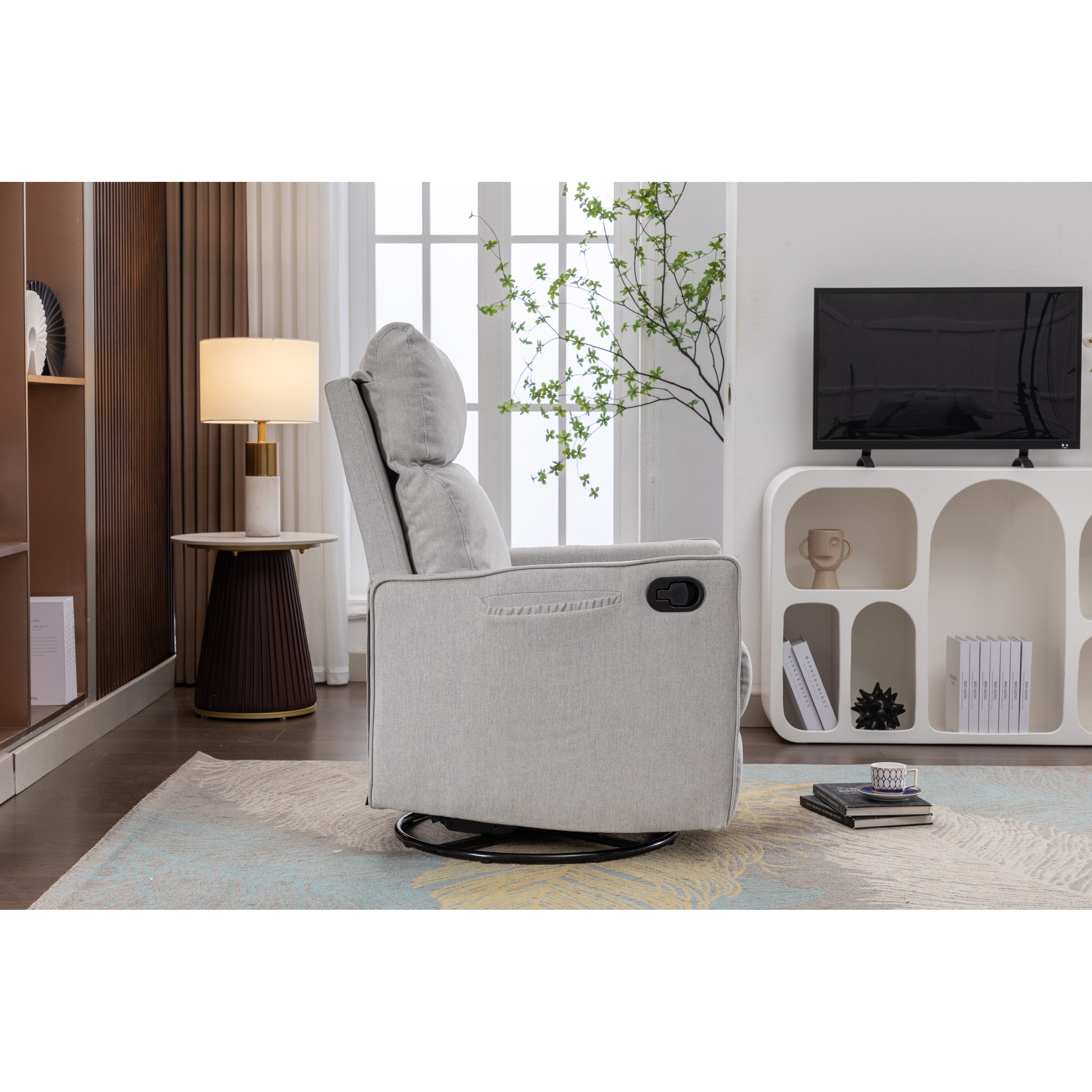 Fauteuil à bascule pivotant en coton et lin avec dossier et repose-pieds réglables