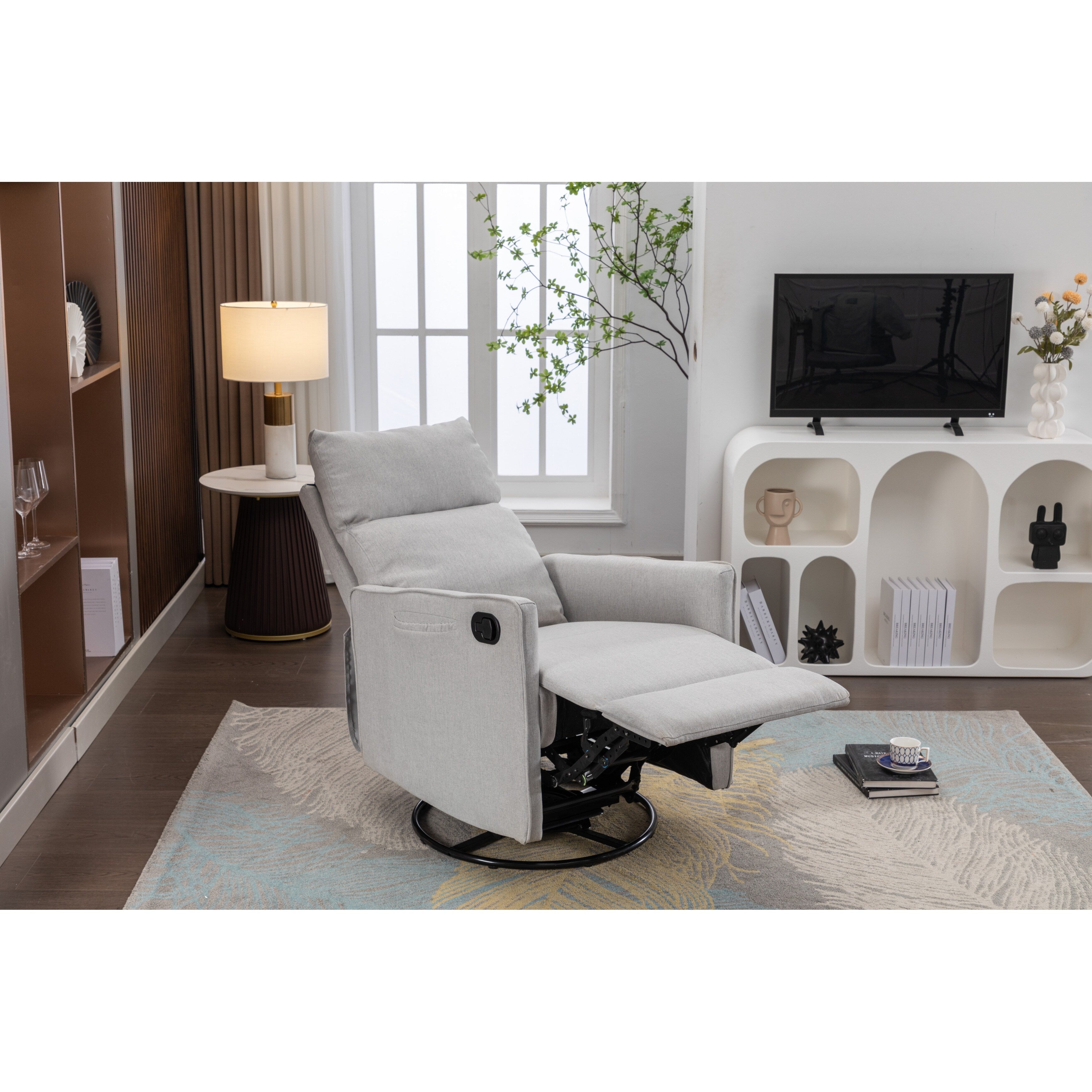 Fauteuil à bascule pivotant en coton et lin avec dossier et repose-pieds réglables