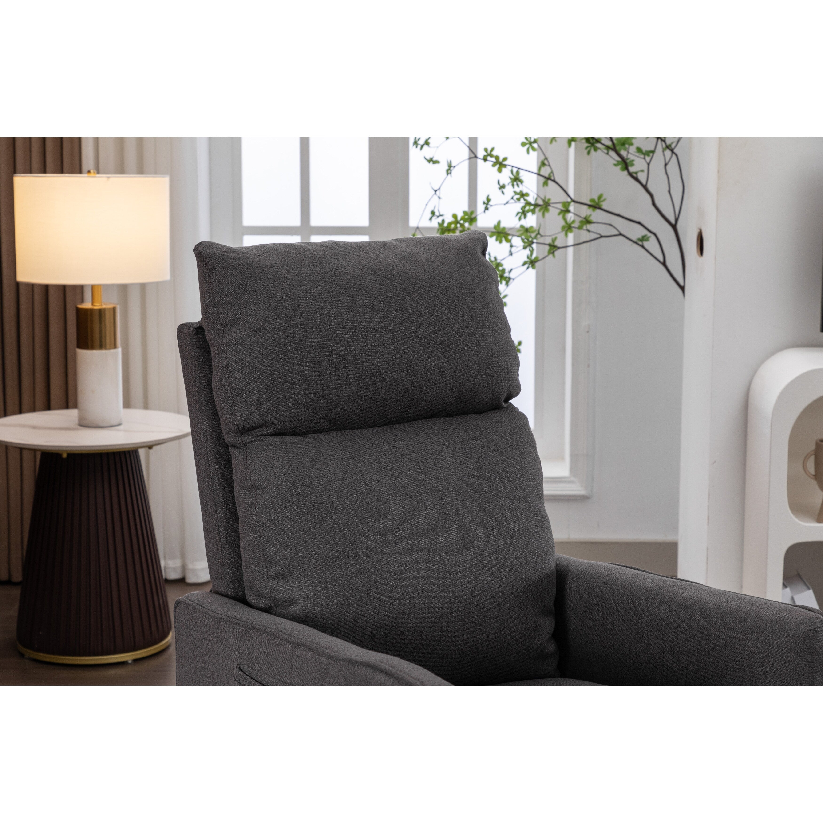 Fauteuil à bascule pivotant en coton et lin avec dossier et repose-pieds réglables