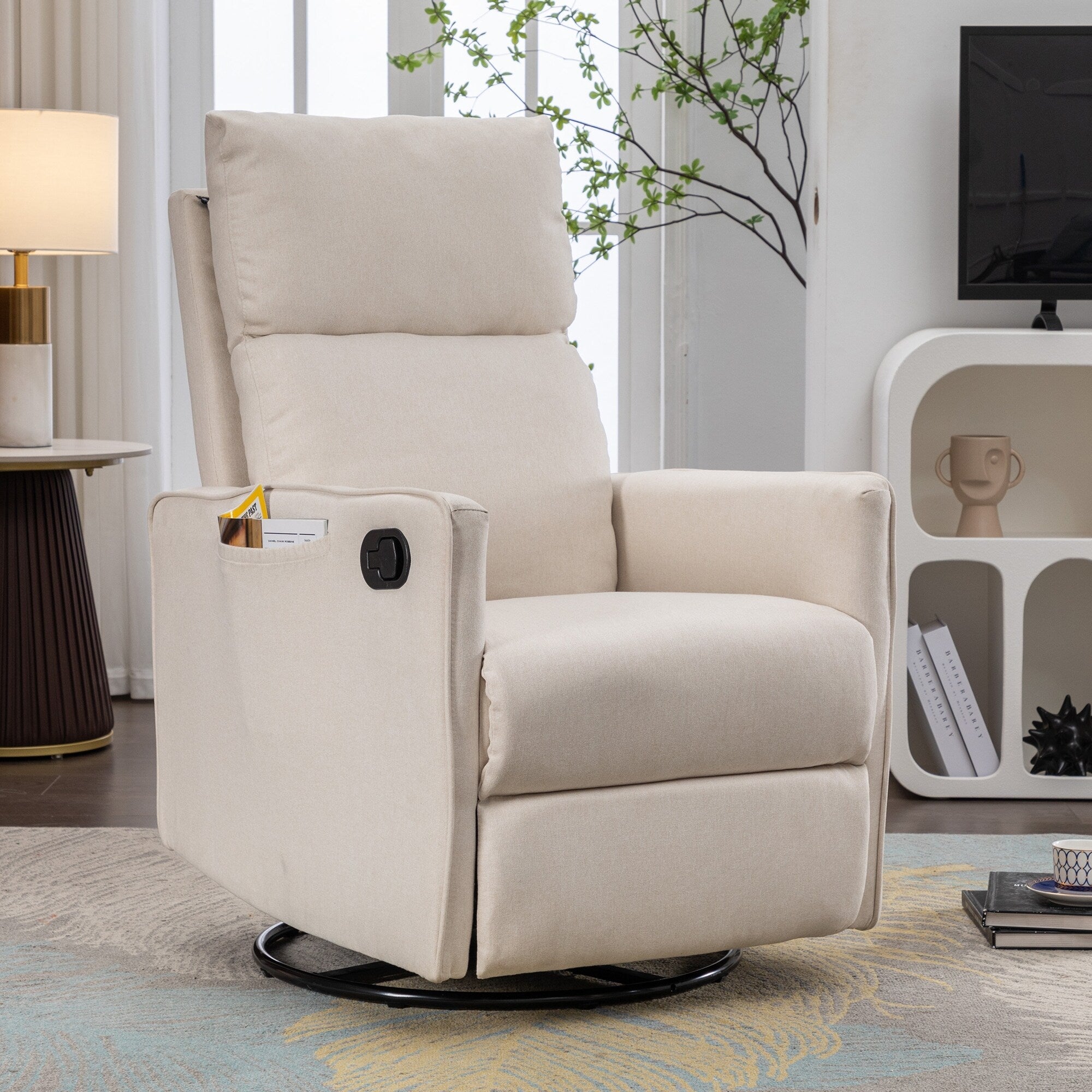Fauteuil à bascule pivotant en coton et lin avec dossier et repose-pieds réglables
