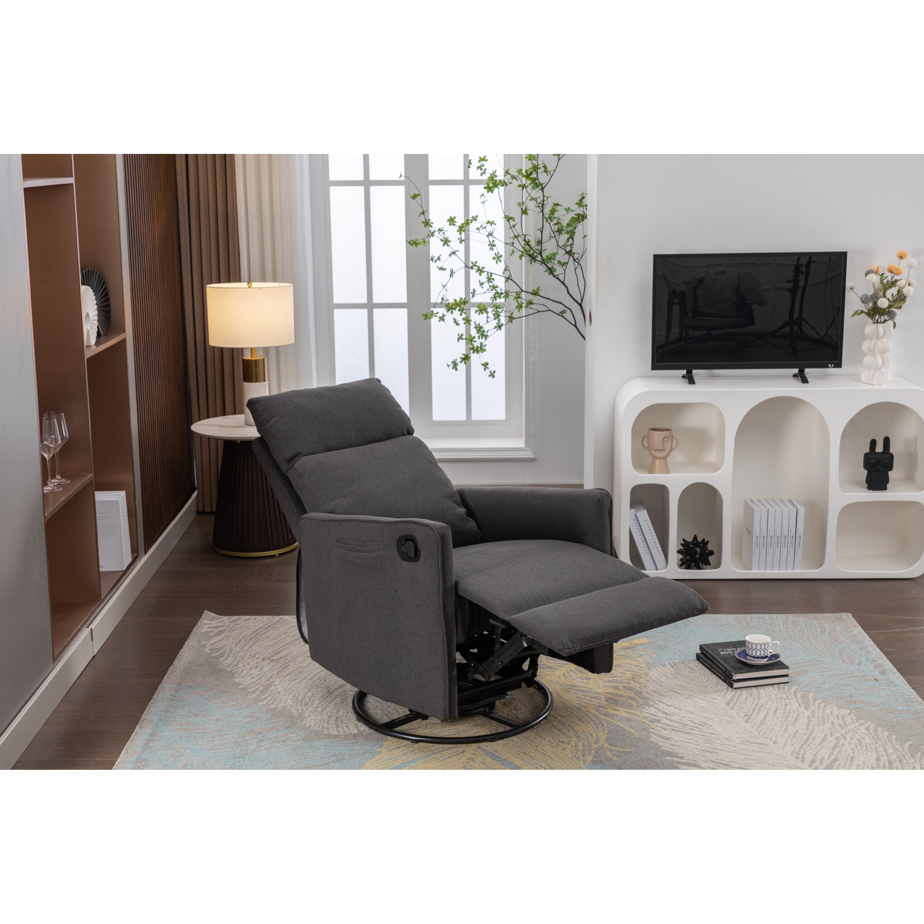 Fauteuil à bascule pivotant en coton et lin avec dossier et repose-pieds réglables
