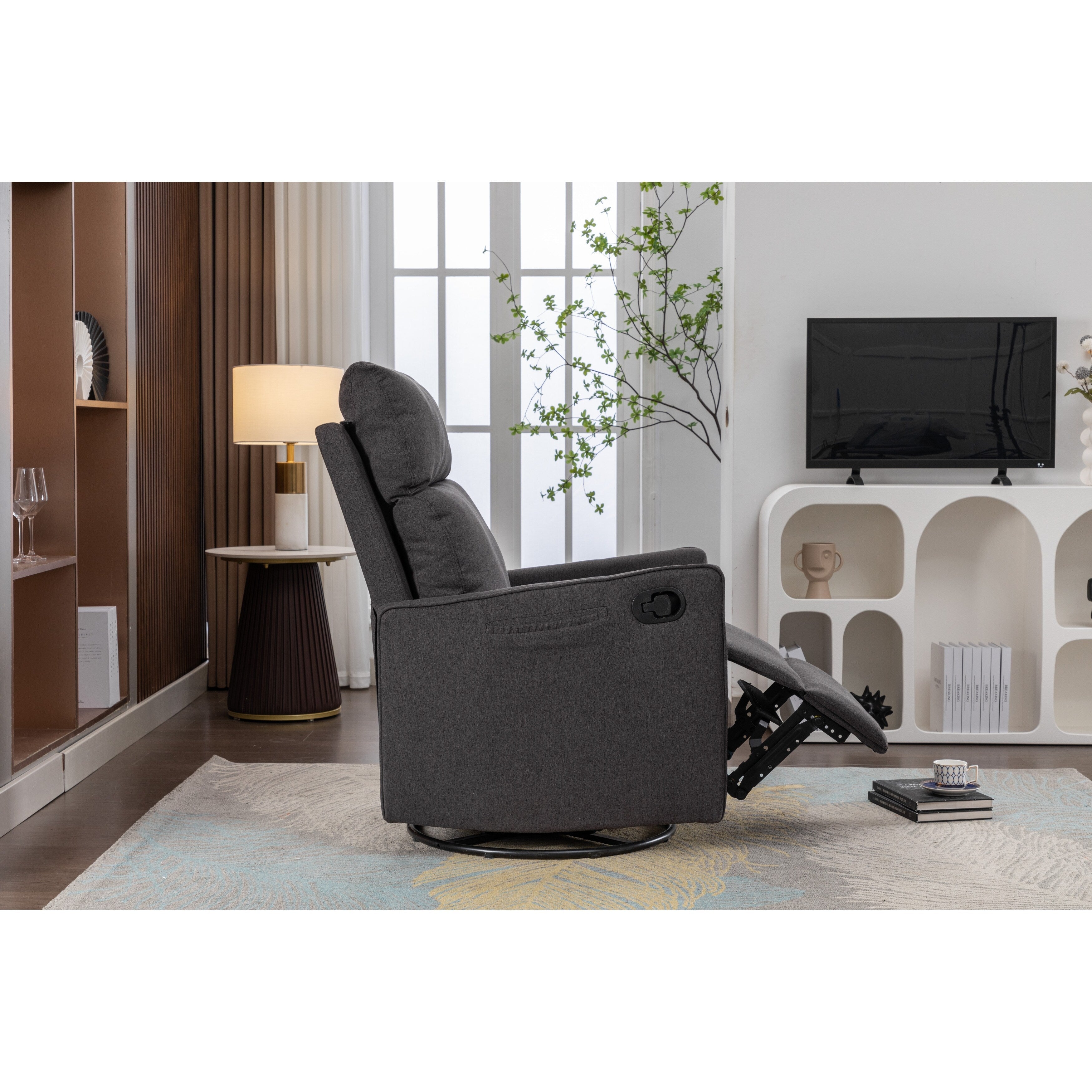 Fauteuil à bascule pivotant en coton et lin avec dossier et repose-pieds réglables