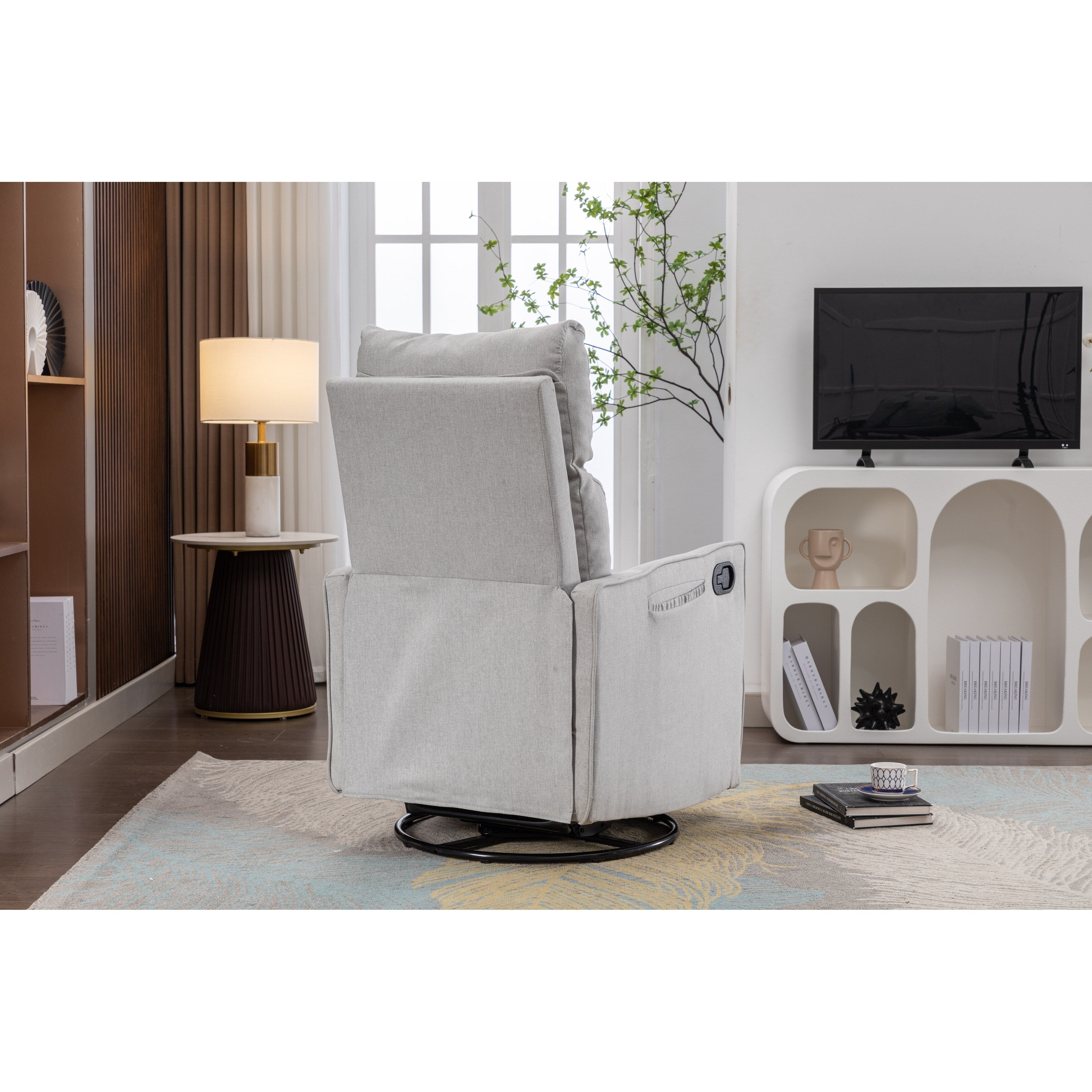Fauteuil à bascule pivotant en coton et lin avec dossier et repose-pieds réglables