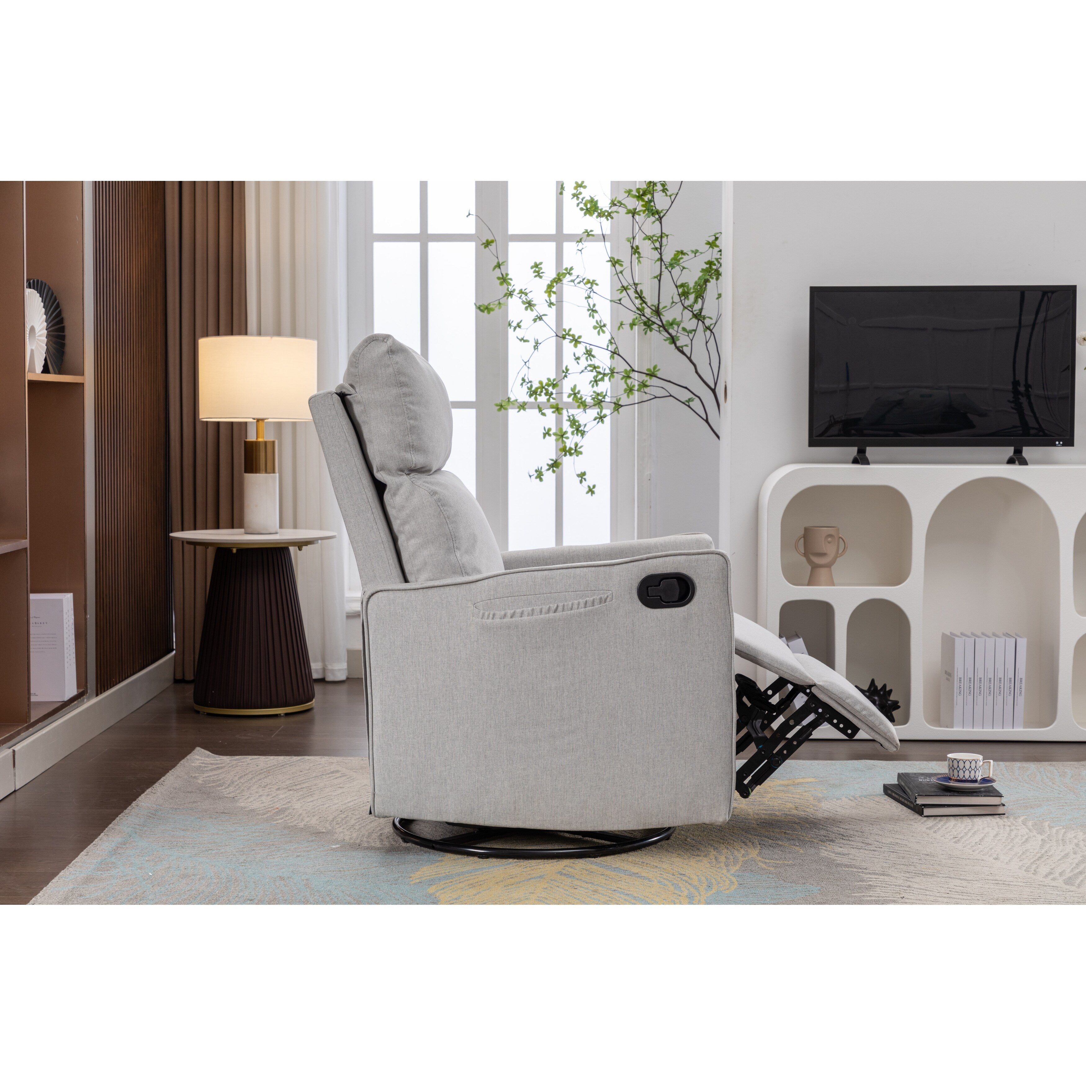 Fauteuil à bascule pivotant en coton et lin avec dossier et repose-pieds réglables