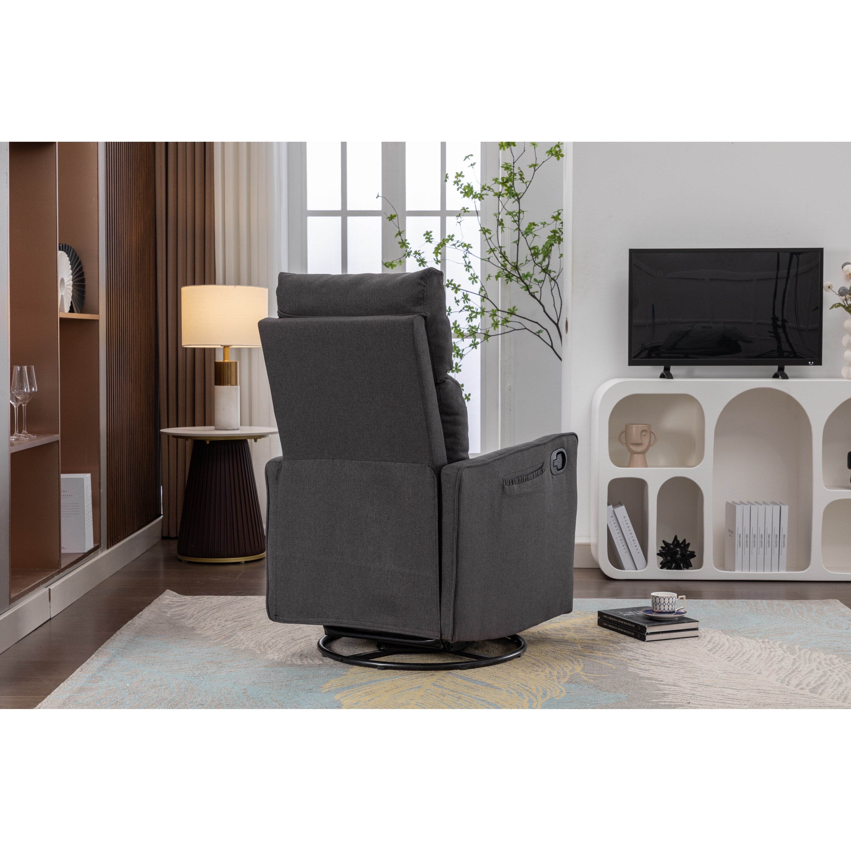 Fauteuil à bascule pivotant en coton et lin avec dossier et repose-pieds réglables