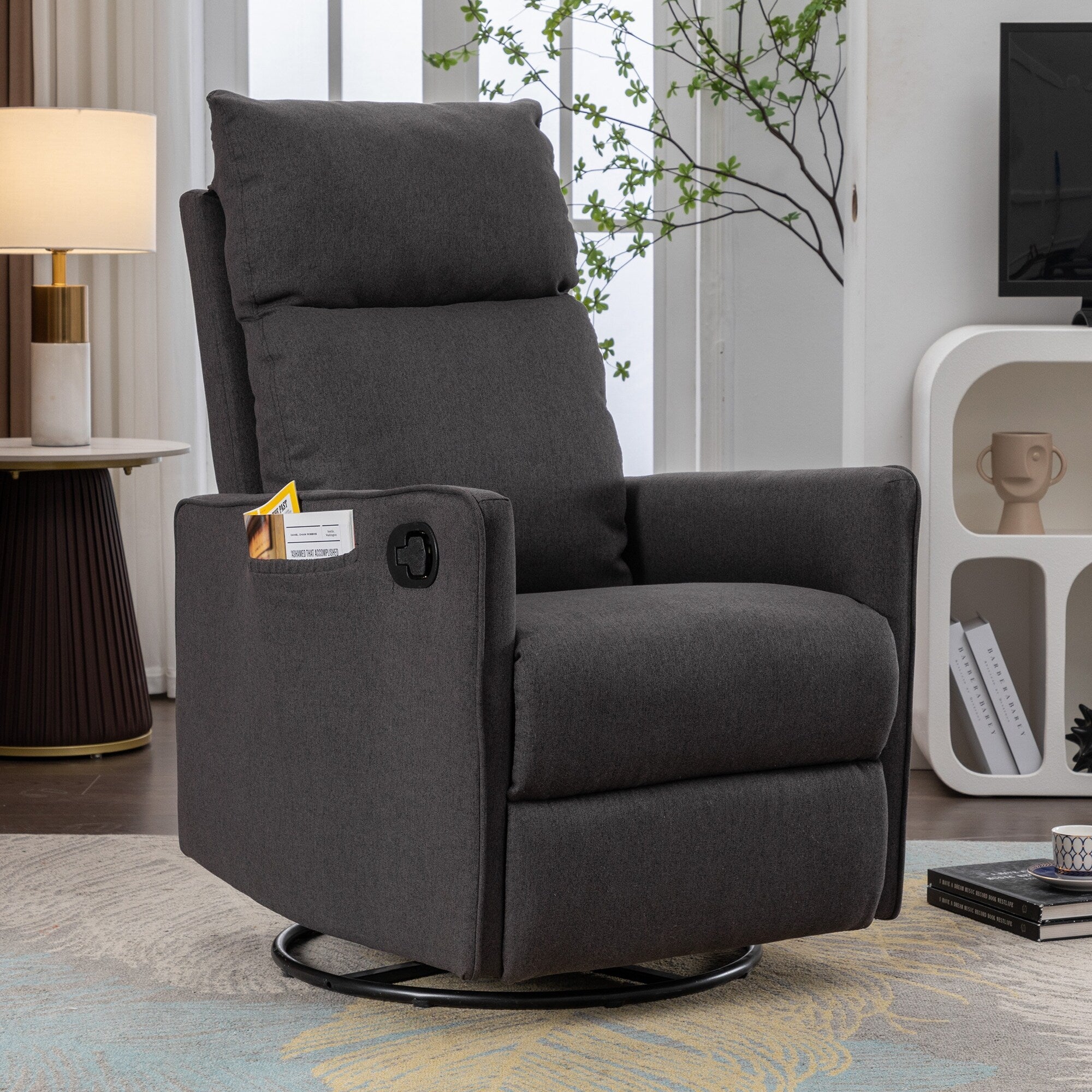Fauteuil à bascule pivotant en coton et lin avec dossier et repose-pieds réglables