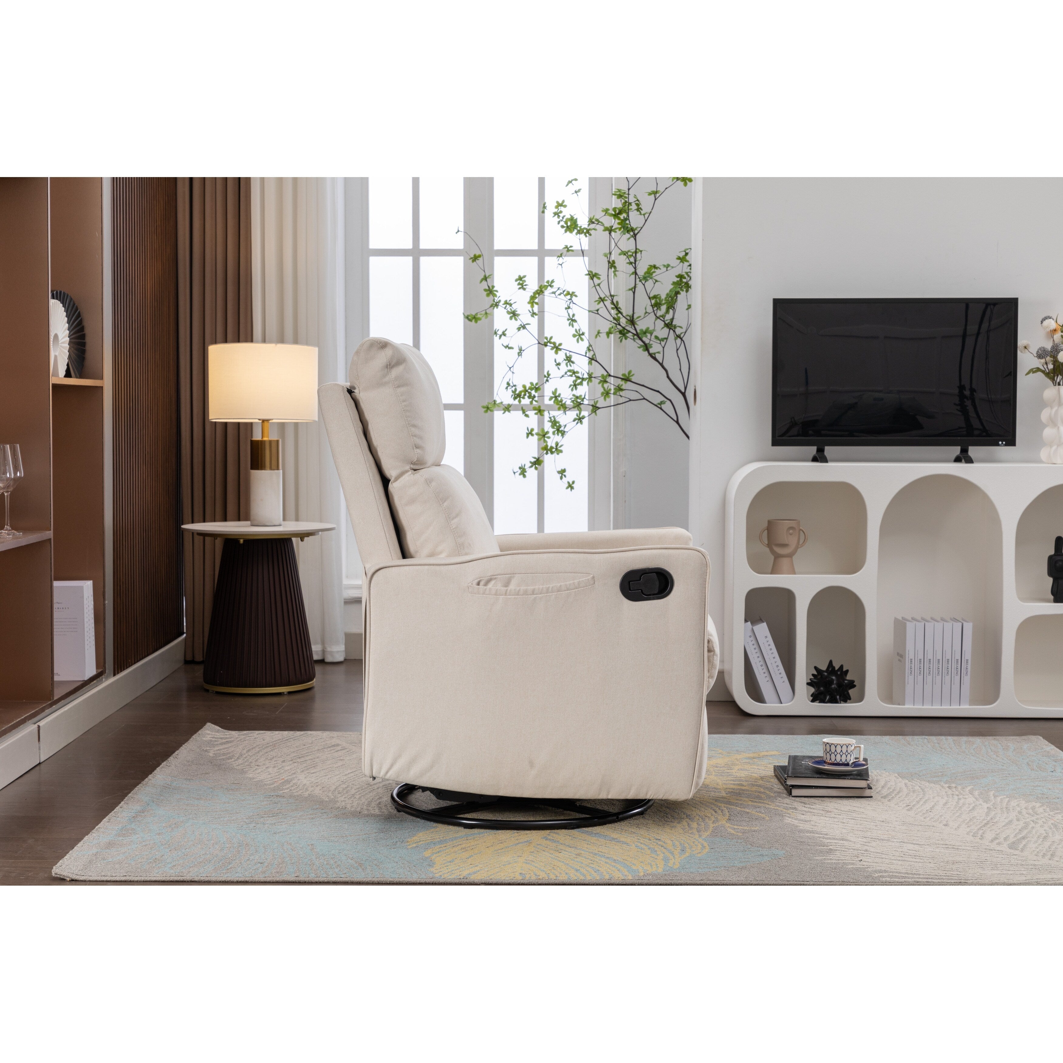 Fauteuil à bascule pivotant en coton et lin avec dossier et repose-pieds réglables