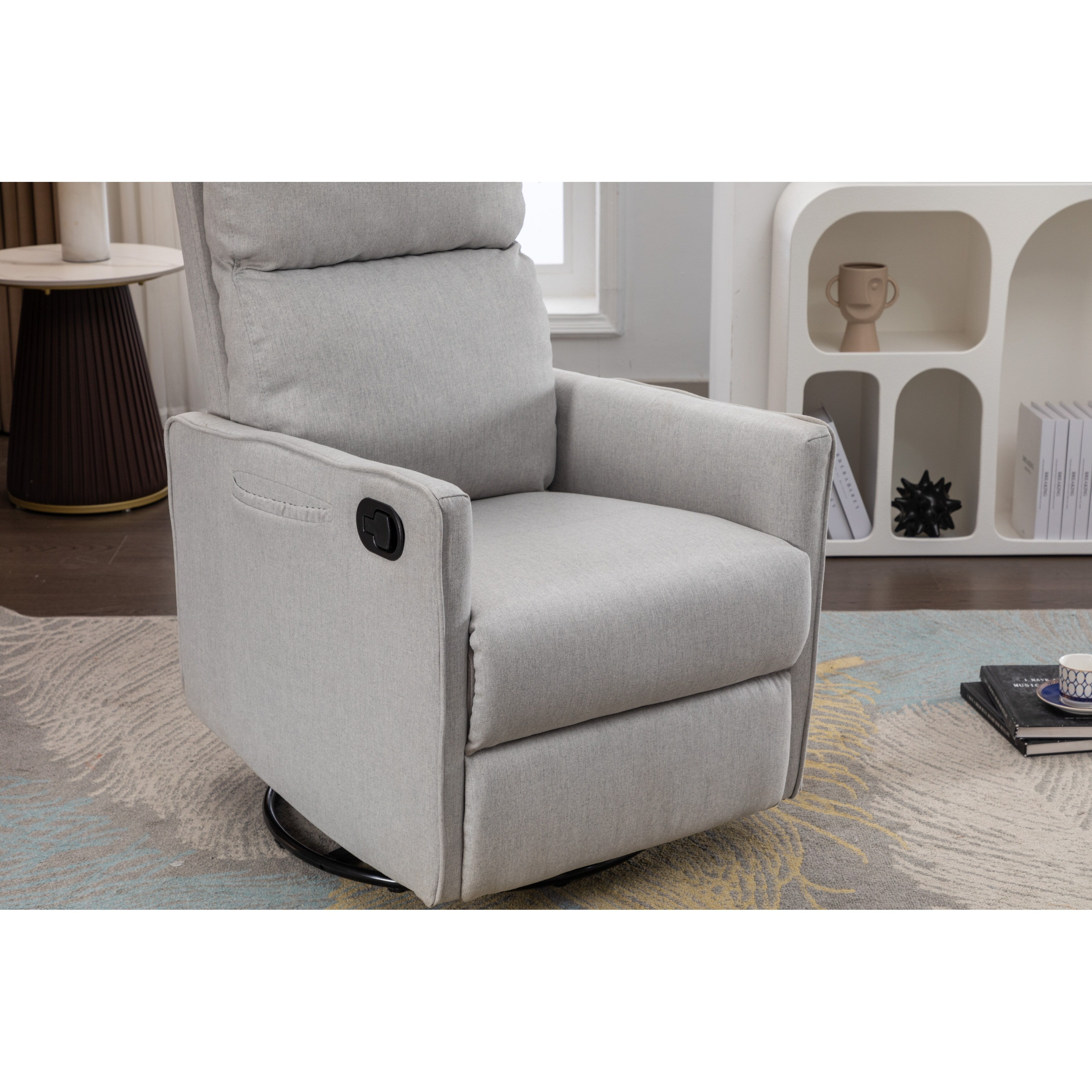 Fauteuil à bascule pivotant en coton et lin avec dossier et repose-pieds réglables