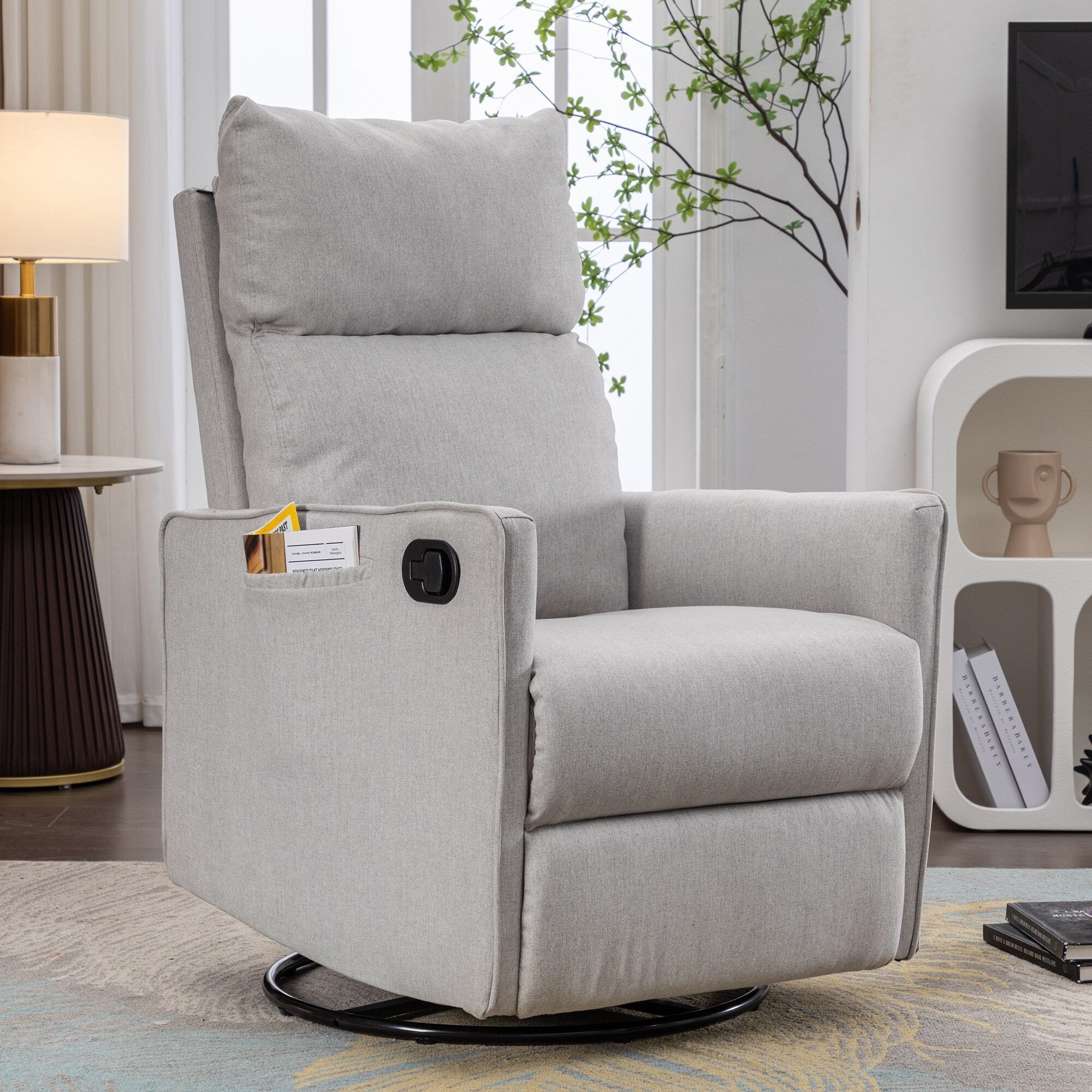 Fauteuil à bascule pivotant en coton et lin avec dossier et repose-pieds réglables