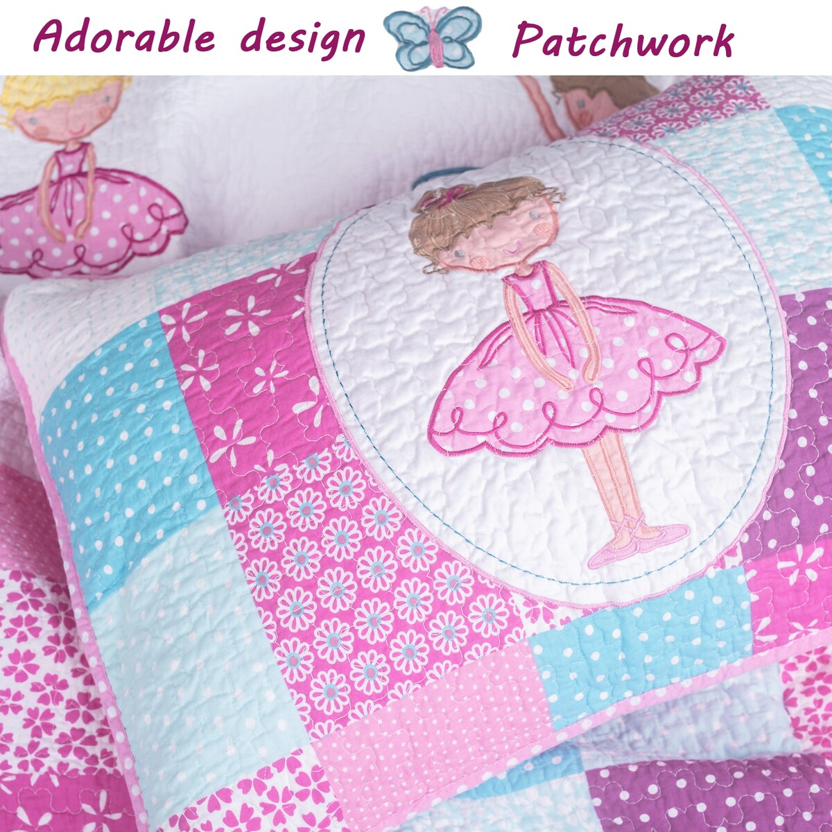 Parure de lit réversible en coton Cozy Line Ballerina Pink pour filles avec oreillers décoratifs