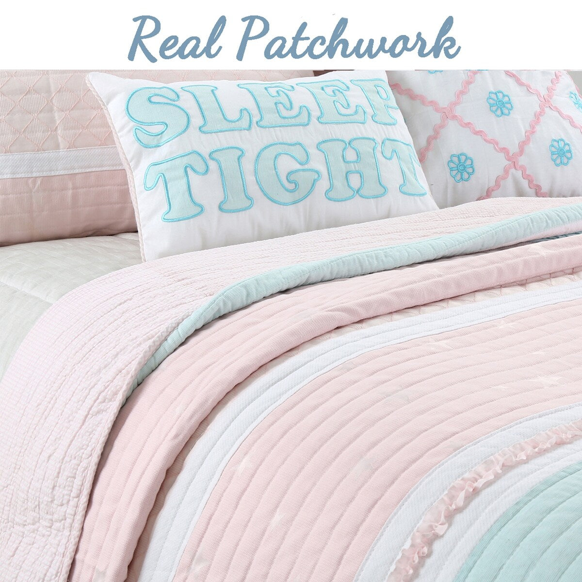 Parure de lit en coton à rayures pastel et volants brodés de fleurs, rose clair, pêche, bleu et blanc, Cozy Line Home Fashions