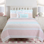 Parure de lit en coton à rayures pastel et volants brodés de fleurs, rose clair, pêche, bleu et blanc, Cozy Line Home Fashions