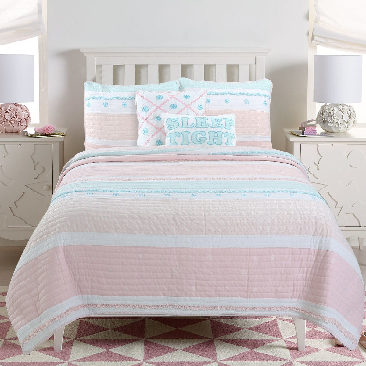 Parure de lit en coton à rayures pastel et volants brodés de fleurs, rose clair, pêche, bleu et blanc, Cozy Line Home Fashions