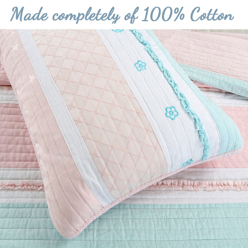 Parure de lit en coton à rayures pastel et volants brodés de fleurs, rose clair, pêche, bleu et blanc, Cozy Line Home Fashions