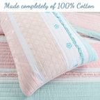 Parure de lit en coton à rayures pastel et volants brodés de fleurs, rose clair, pêche, bleu et blanc, Cozy Line Home Fashions