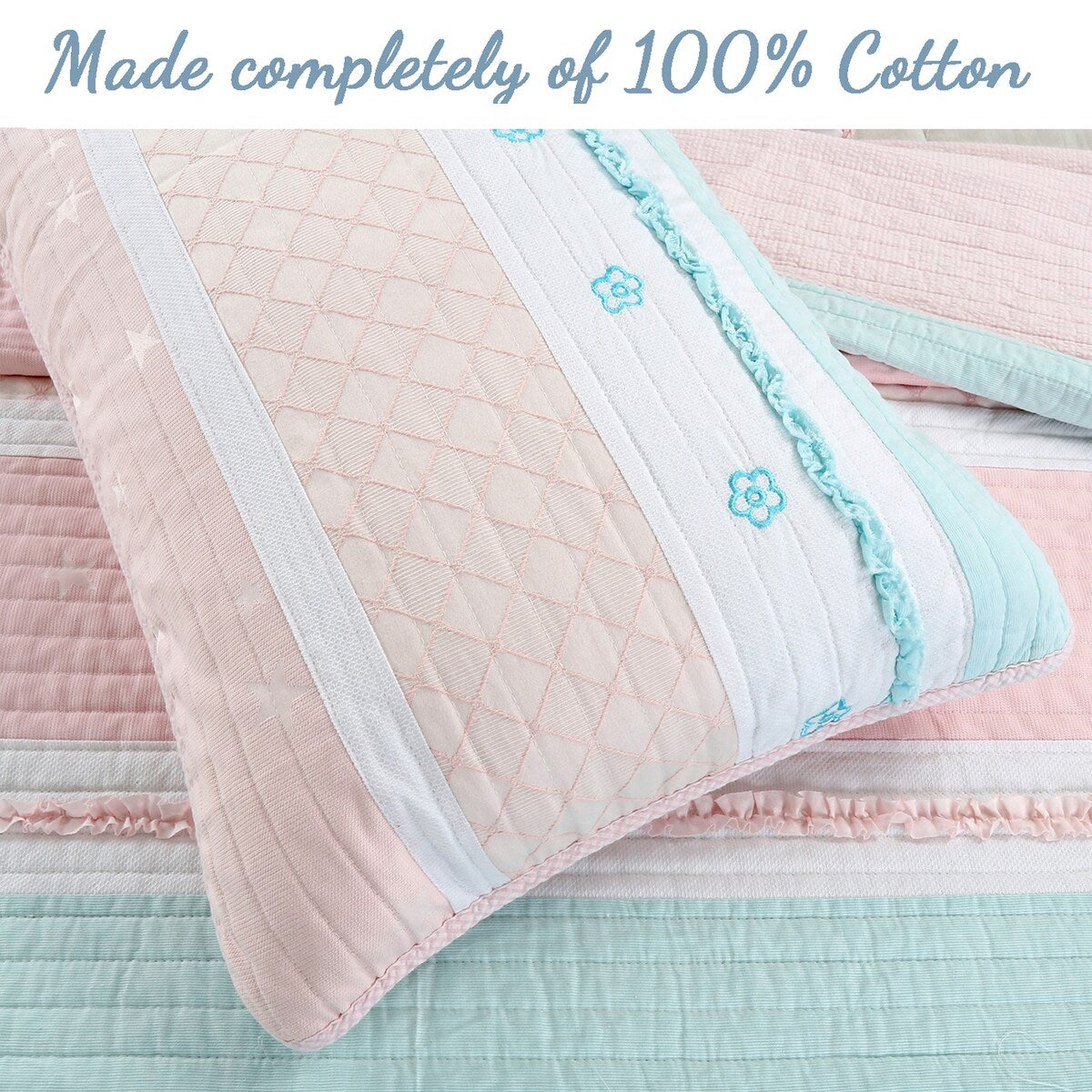 Parure de lit en coton à rayures pastel et volants brodés de fleurs, rose clair, pêche, bleu et blanc, Cozy Line Home Fashions