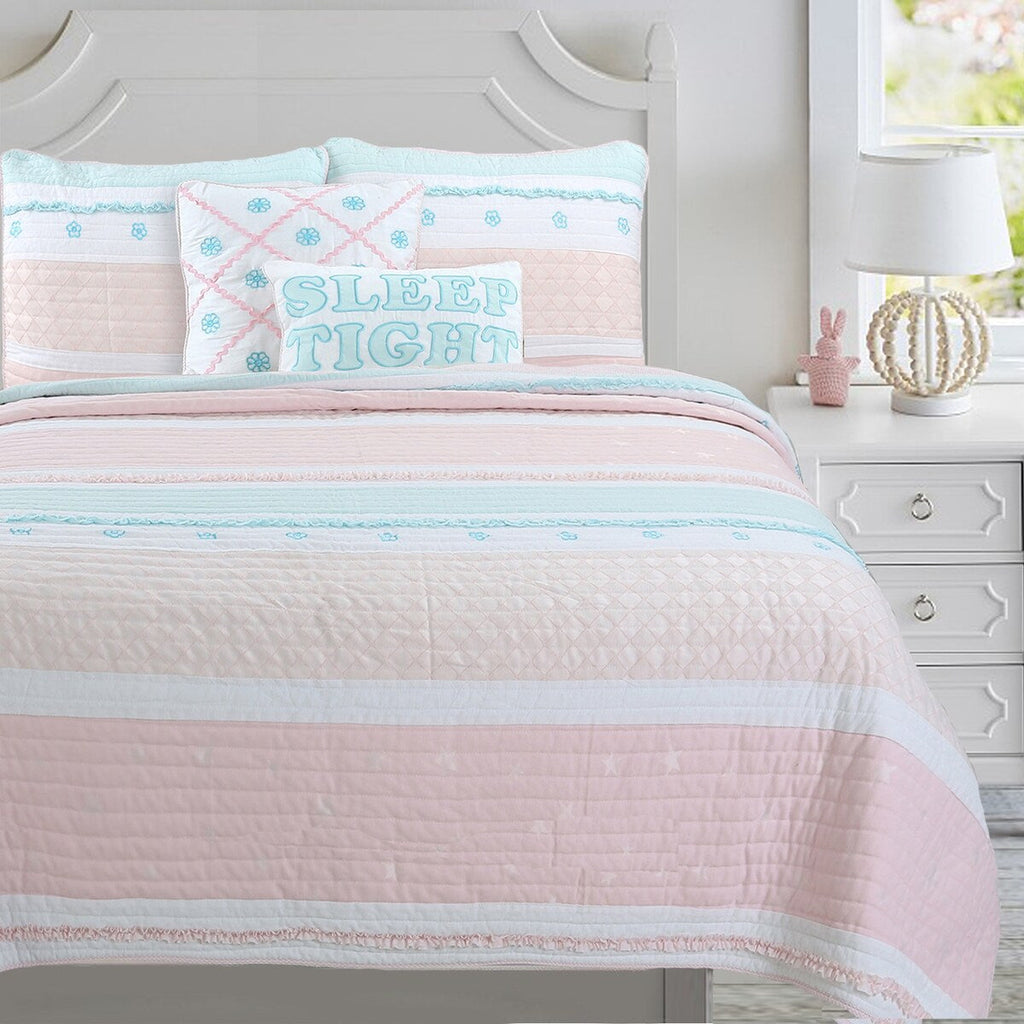 Parure de lit en coton à rayures pastel et volants brodés de fleurs, rose clair, pêche, bleu et blanc, Cozy Line Home Fashions