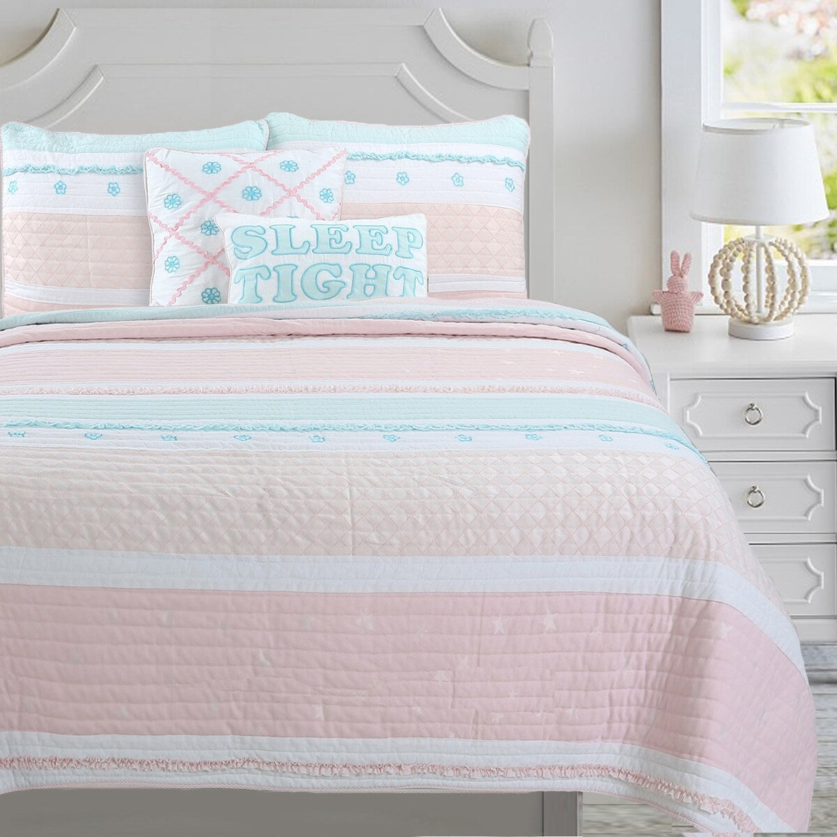 Parure de lit en coton à rayures pastel et volants brodés de fleurs, rose clair, pêche, bleu et blanc, Cozy Line Home Fashions