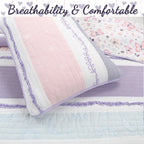 Parure de lit en coton rose et violet avec motif floral rayé, motif vigne, étoile, papillon et volants brodés