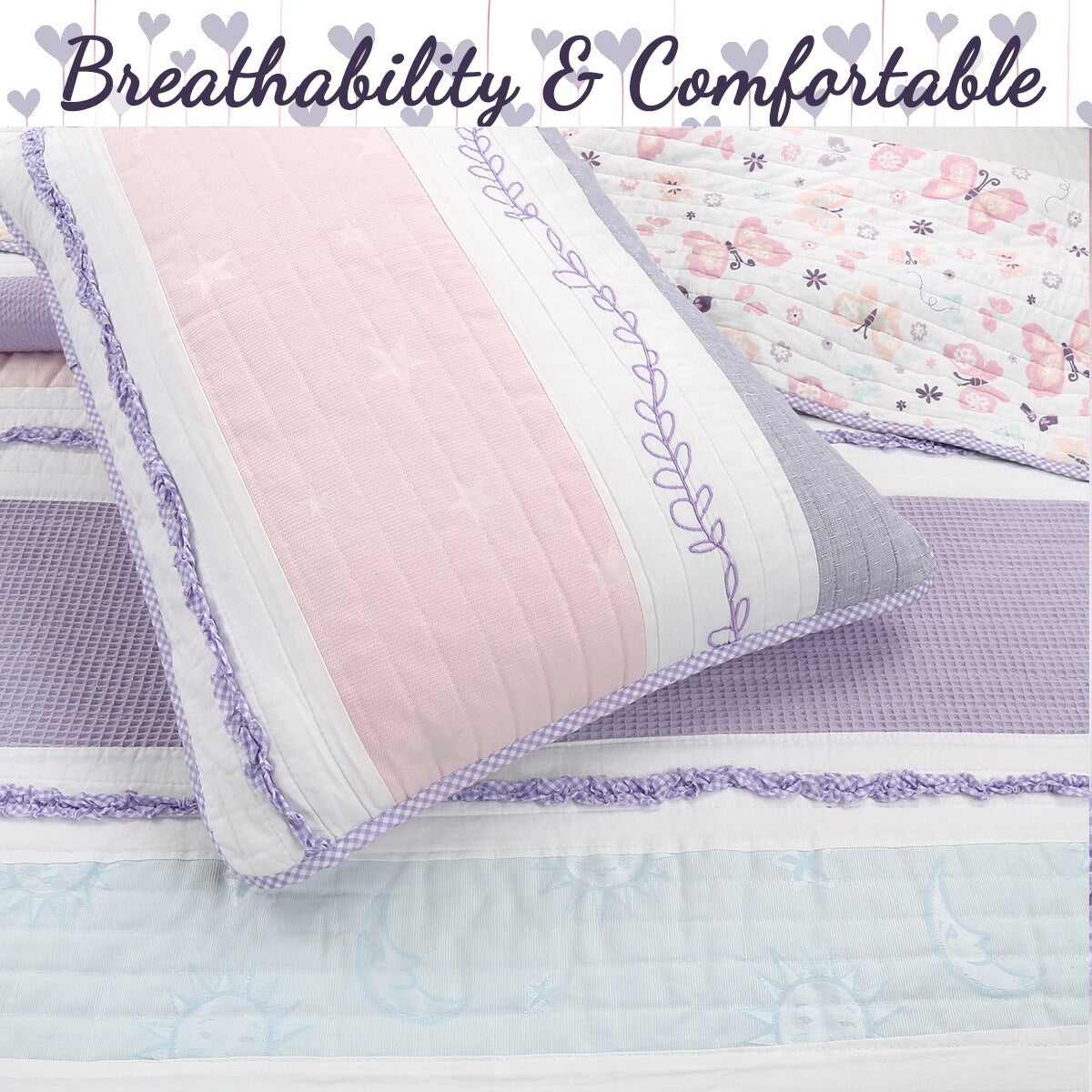 Parure de lit en coton rose et violet avec motif floral rayé, motif vigne, étoile, papillon et volants brodés