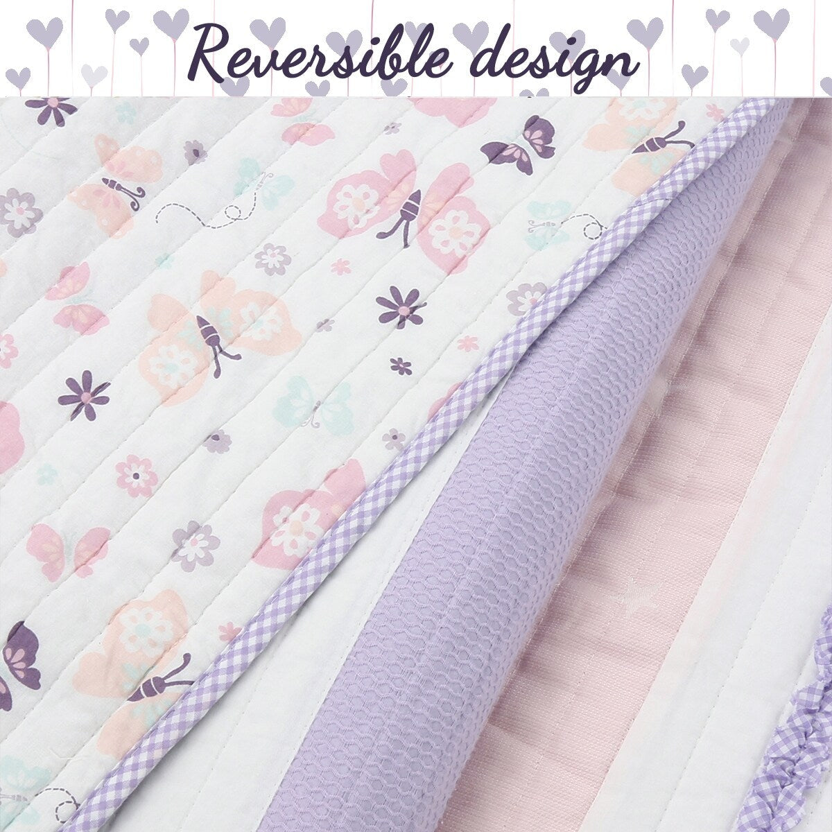 Parure de lit en coton rose et violet avec motif floral rayé, motif vigne, étoile, papillon et volants brodés