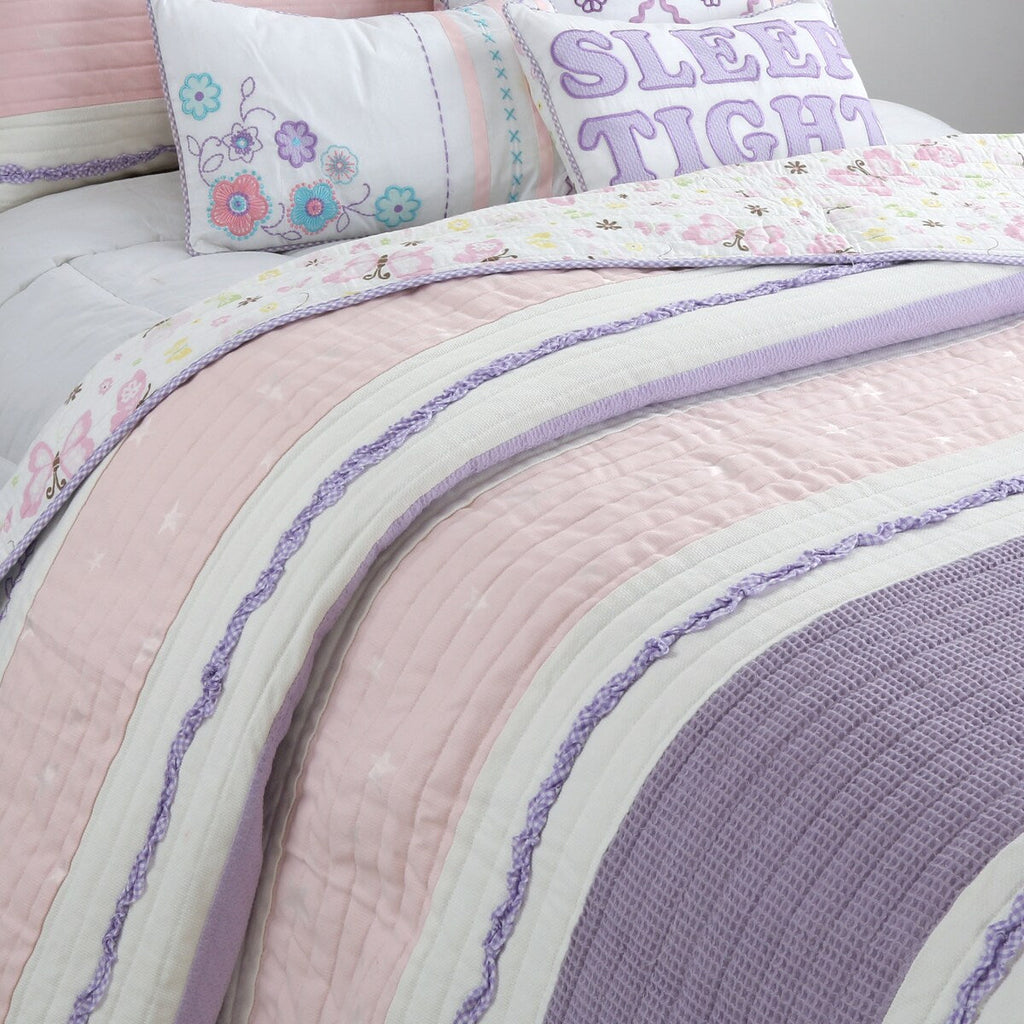 Parure de lit en coton rose et violet avec motif floral rayé, motif vigne, étoile, papillon et volants brodés