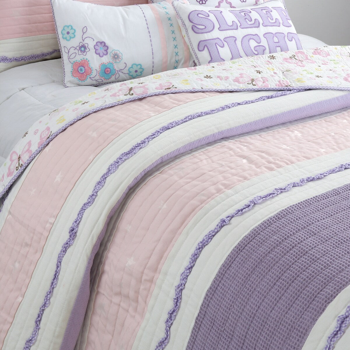 Parure de lit en coton rose et violet avec motif floral rayé, motif vigne, étoile, papillon et volants brodés
