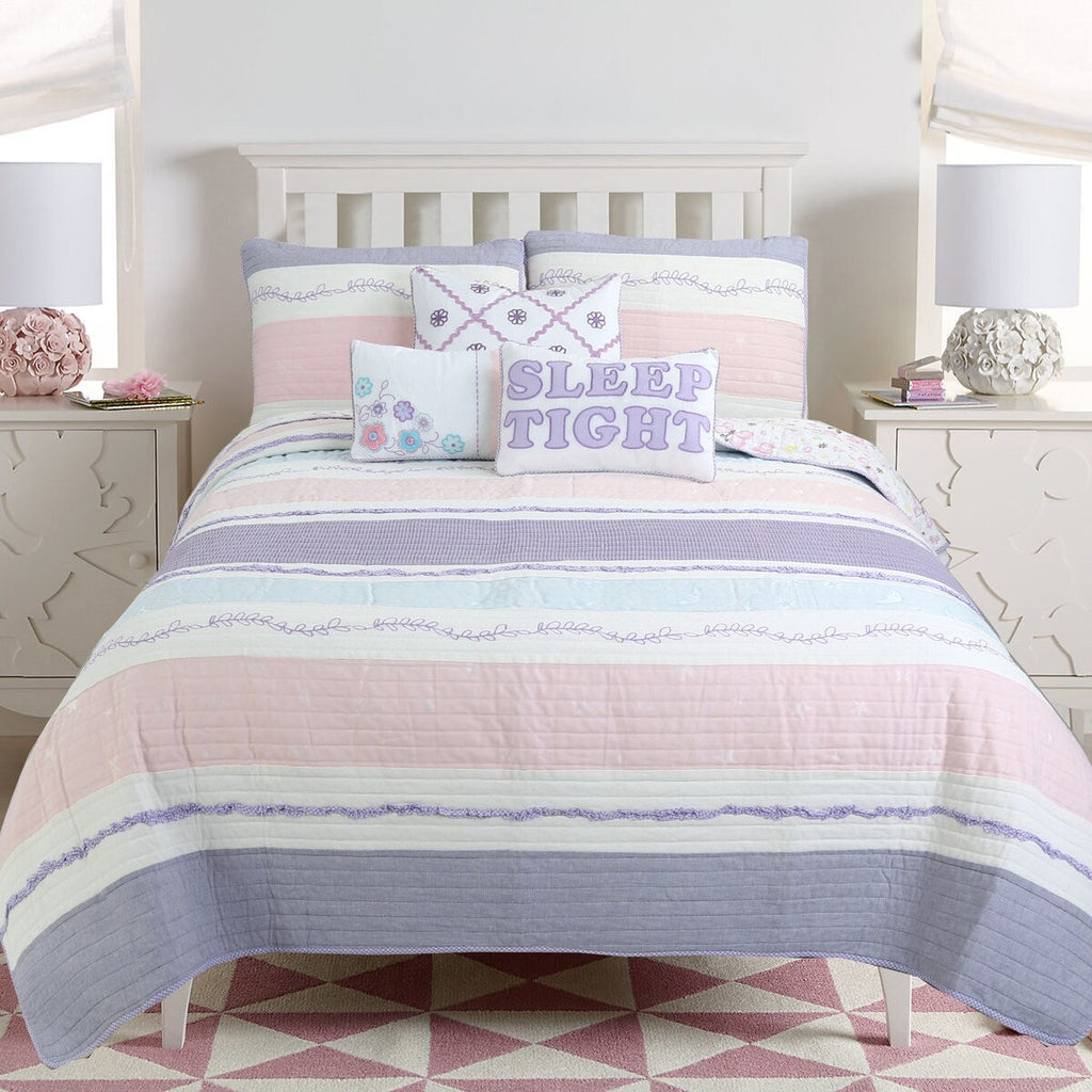 Parure de lit en coton rose et violet avec motif floral rayé, motif vigne, étoile, papillon et volants brodés