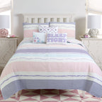 Parure de lit en coton rose et violet avec motif floral rayé, motif vigne, étoile, papillon et volants brodés