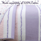 Parure de lit en coton rose et violet avec motif floral rayé, motif vigne, étoile, papillon et volants brodés