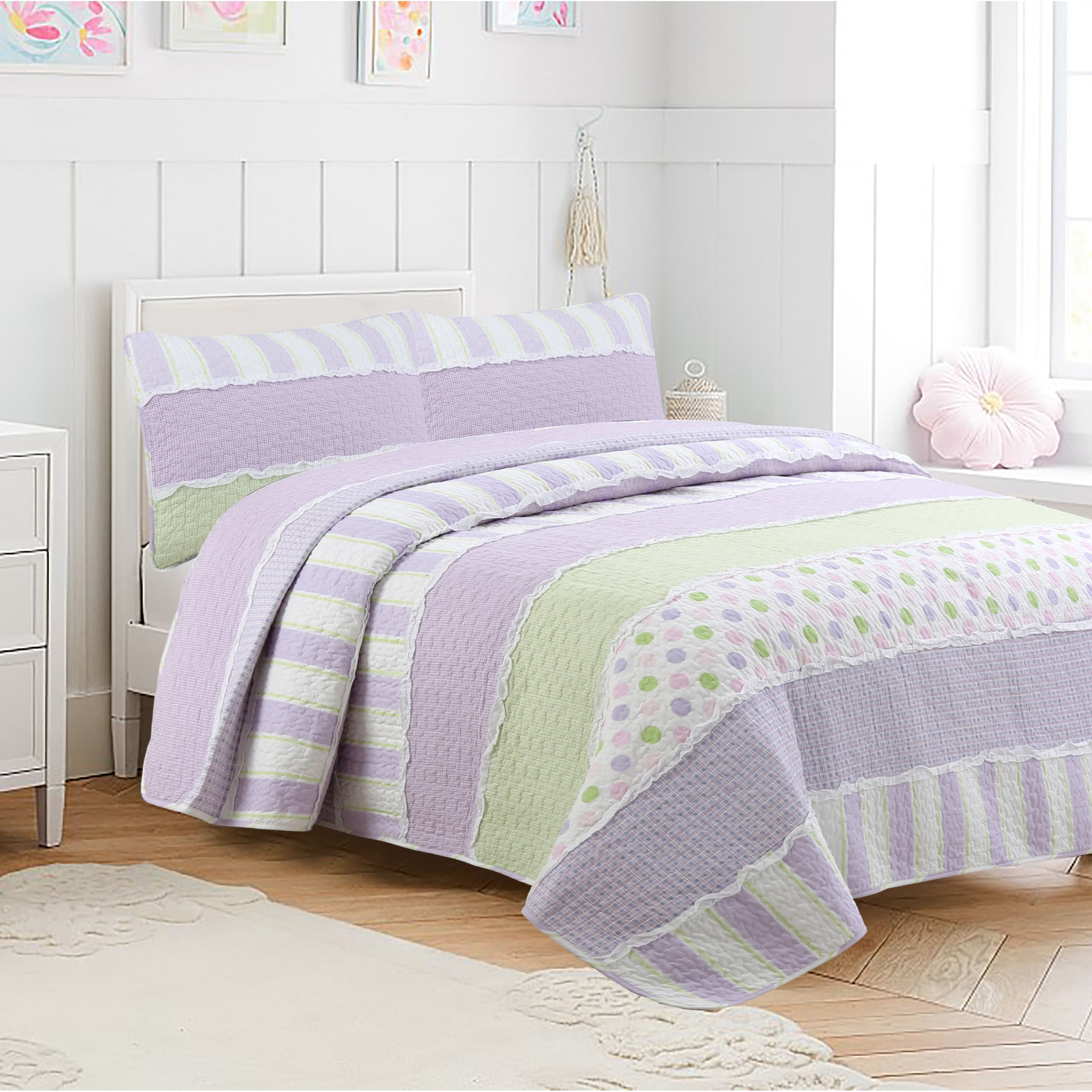 Parure de lit réversible en coton à rayures lilas, violet, vert, pois, carreaux, volants blancs, patchwork
