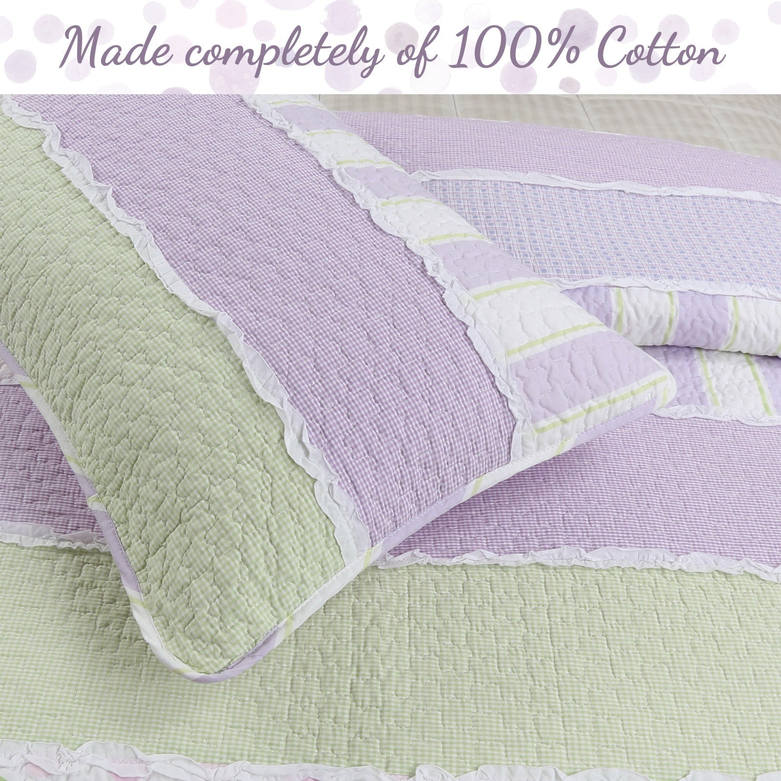 Parure de lit réversible en coton à rayures lilas, violet, vert, pois, carreaux, volants blancs, patchwork