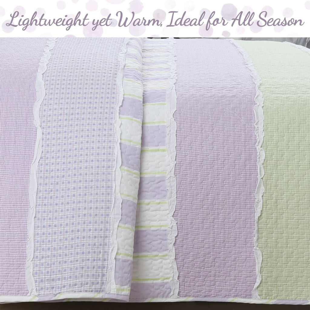 Parure de lit réversible en coton à rayures lilas, violet, vert, pois, carreaux, volants blancs, patchwork