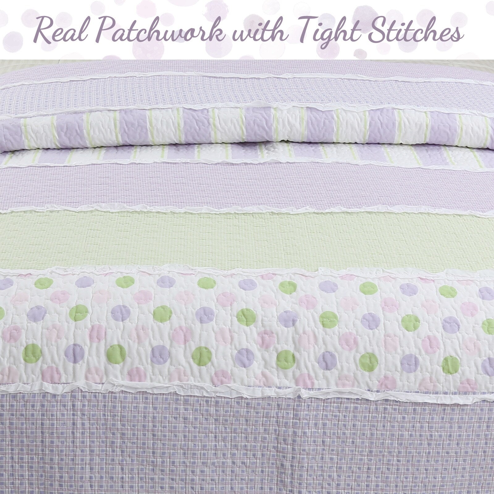 Parure de lit réversible en coton à rayures lilas, violet, vert, pois, carreaux, volants blancs, patchwork