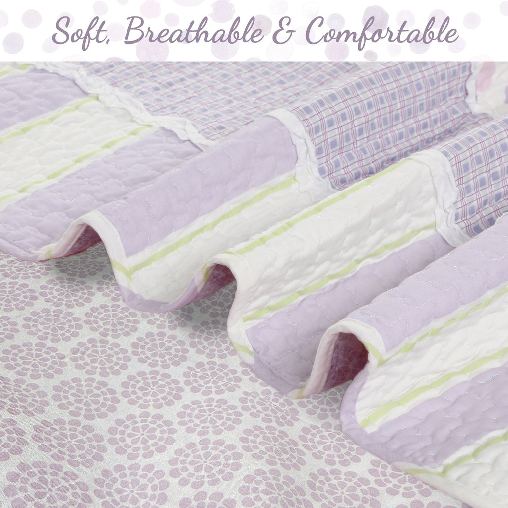 Parure de lit réversible en coton à rayures lilas, violet, vert, pois, carreaux, volants blancs, patchwork