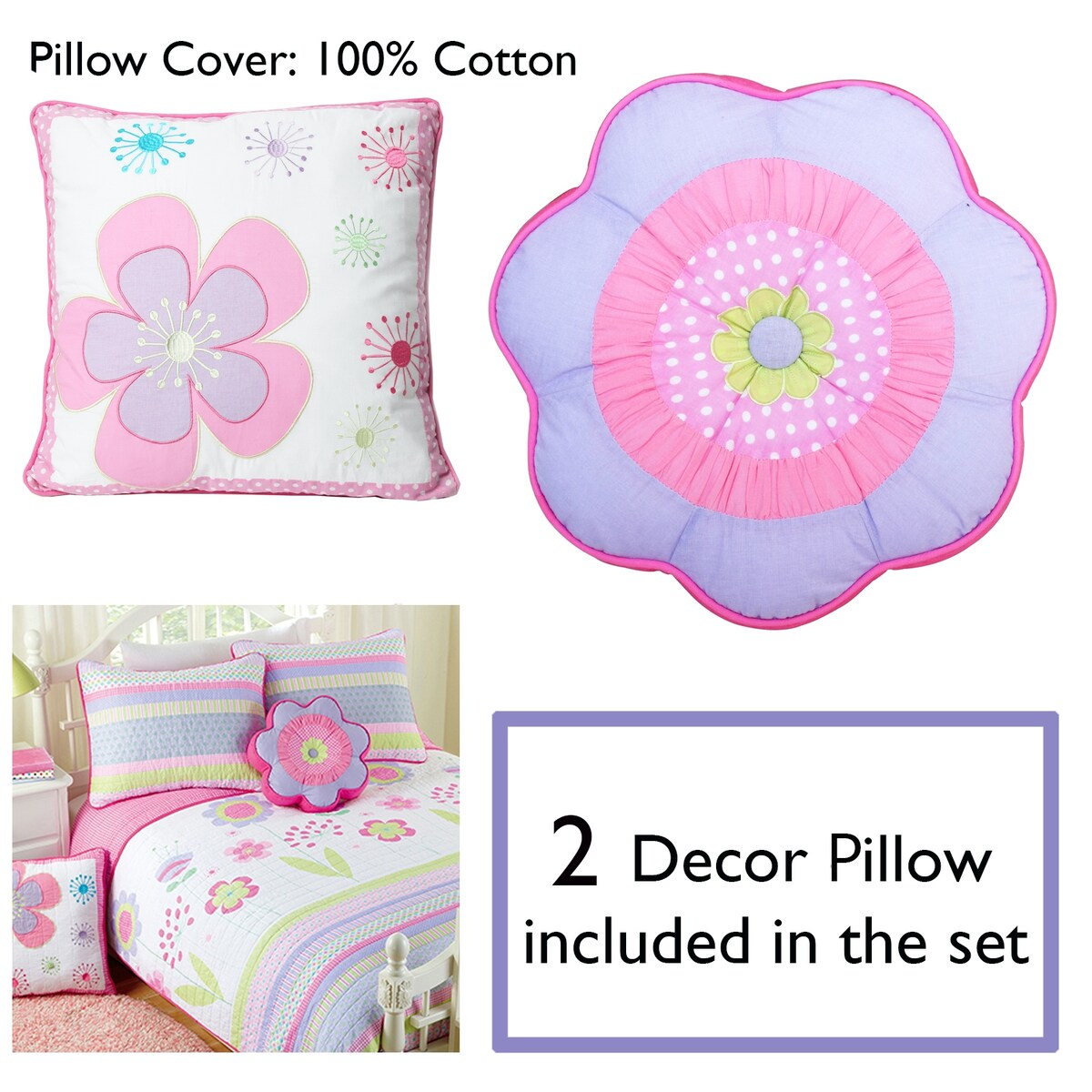 Parure de lit réversible en coton Cozy Line à motif de fleurs roses avec oreillers décoratifs