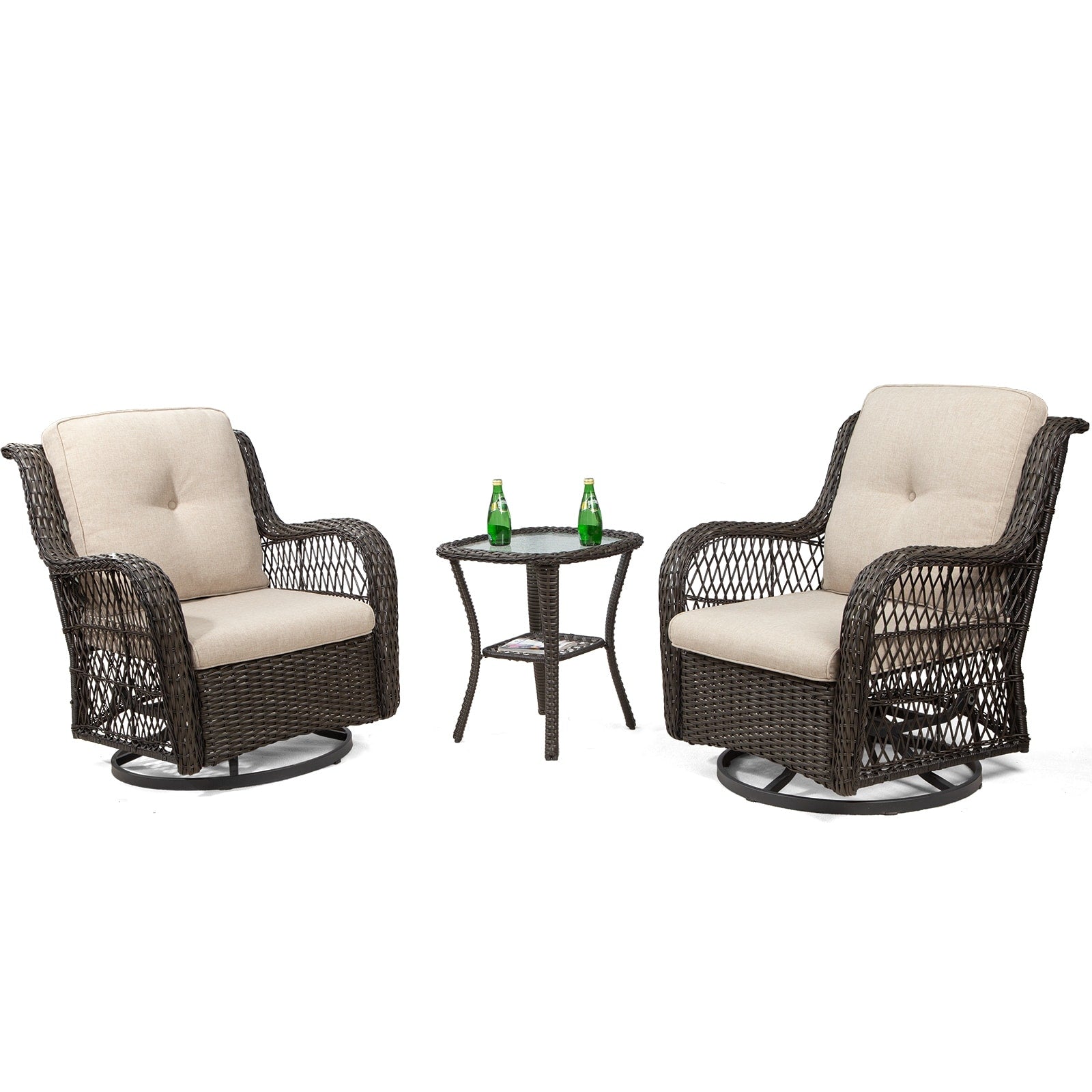Ensemble de 3 chaises pivotantes à bascule en osier marron pour l'extérieur