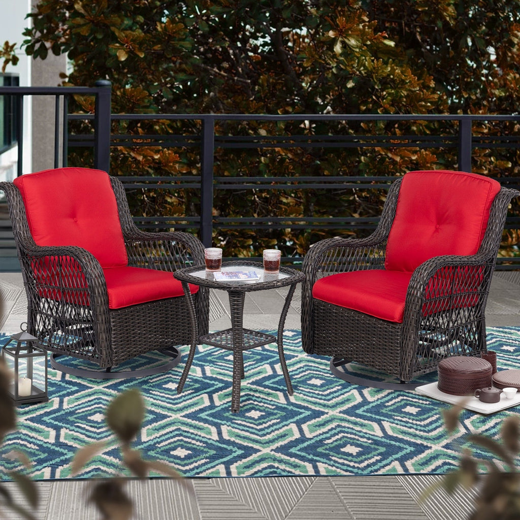 Ensemble de 3 chaises pivotantes à bascule en osier marron pour l'extérieur