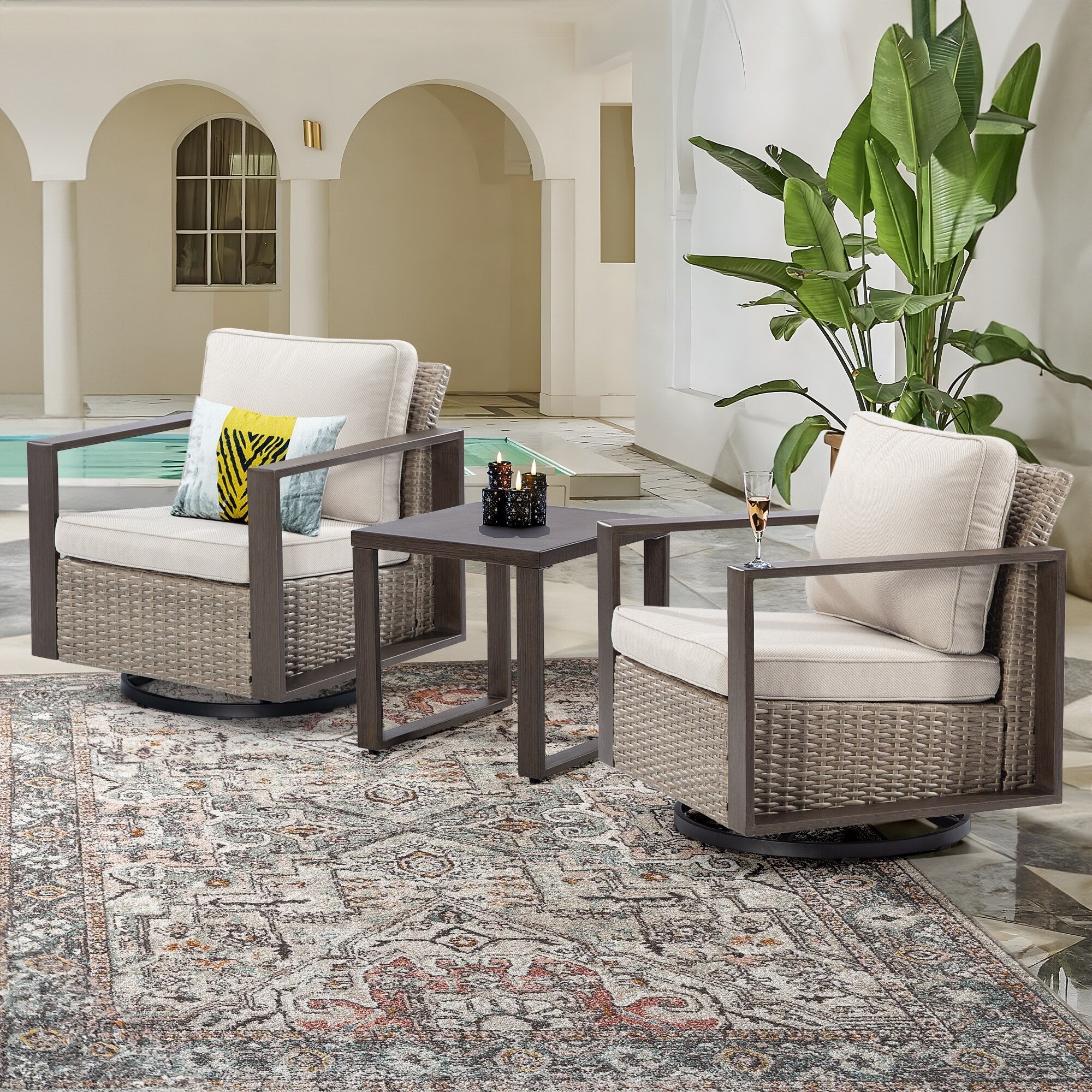 Ensemble de 3 chaises à bascule pivotantes d'extérieur Cozywor avec table d'appoint