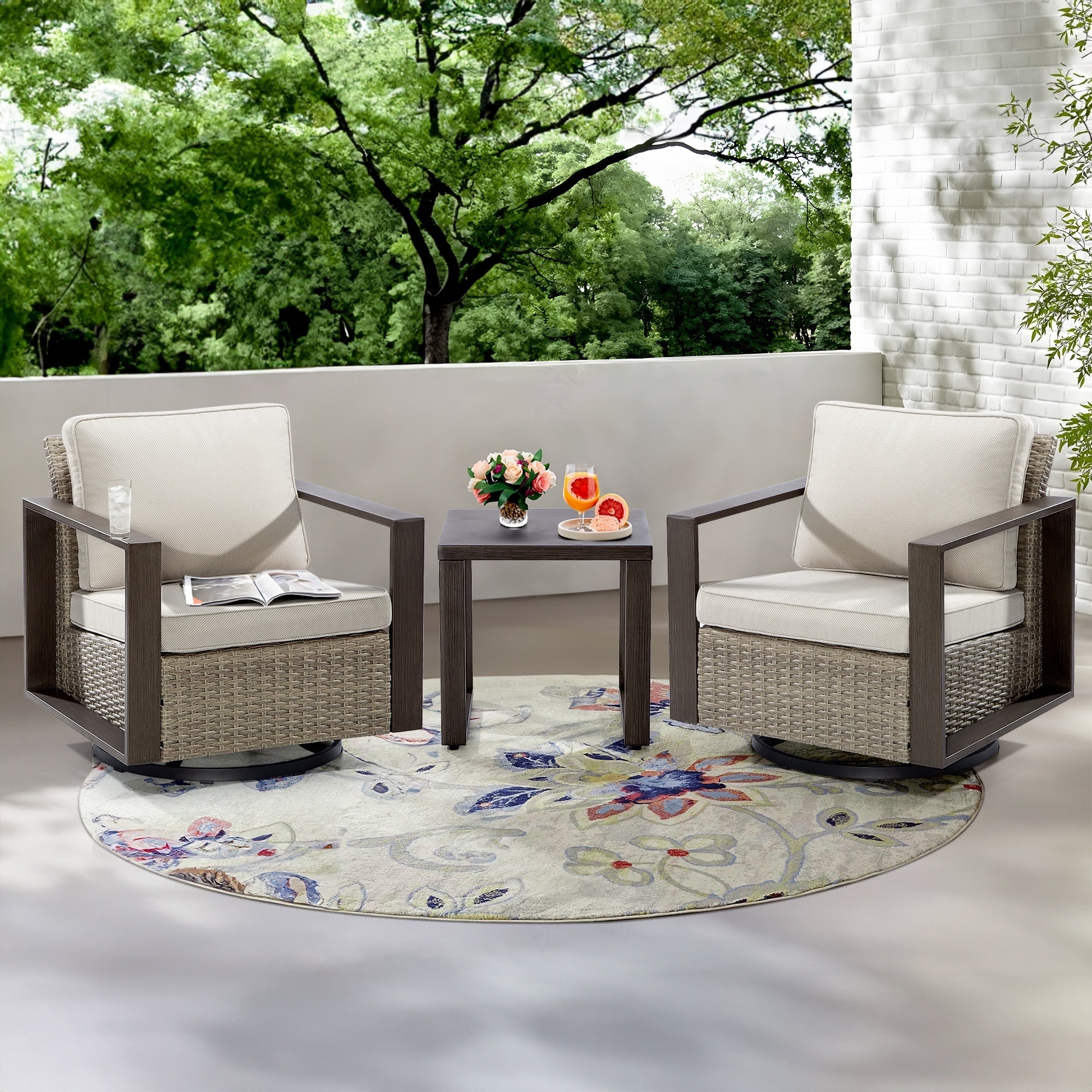 Ensemble de 3 chaises à bascule pivotantes d'extérieur Cozywor avec table d'appoint