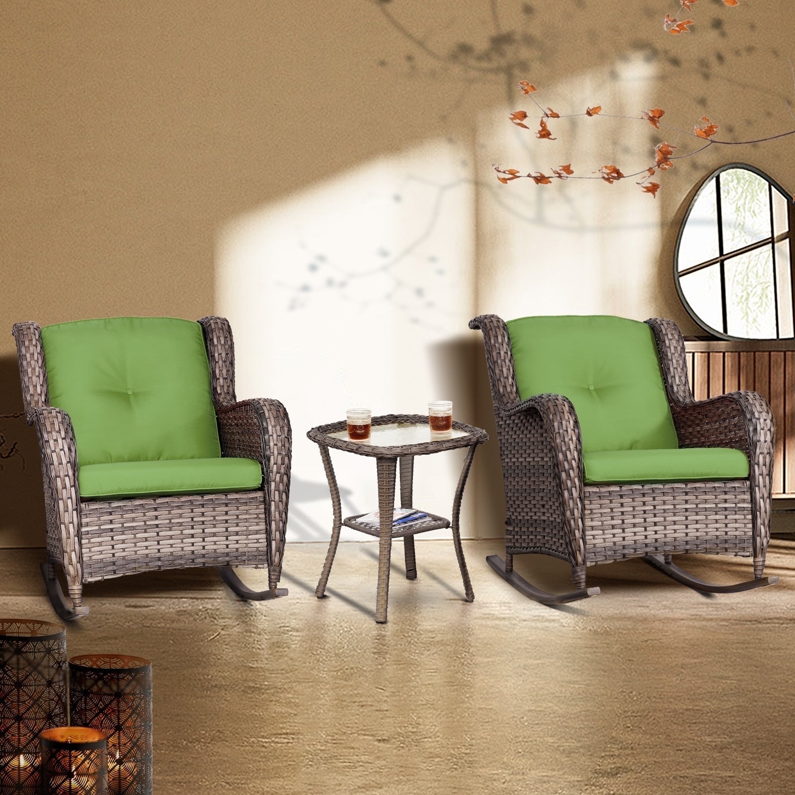Ensemble de 3 chaises à bascule d'extérieur en osier Cozywor