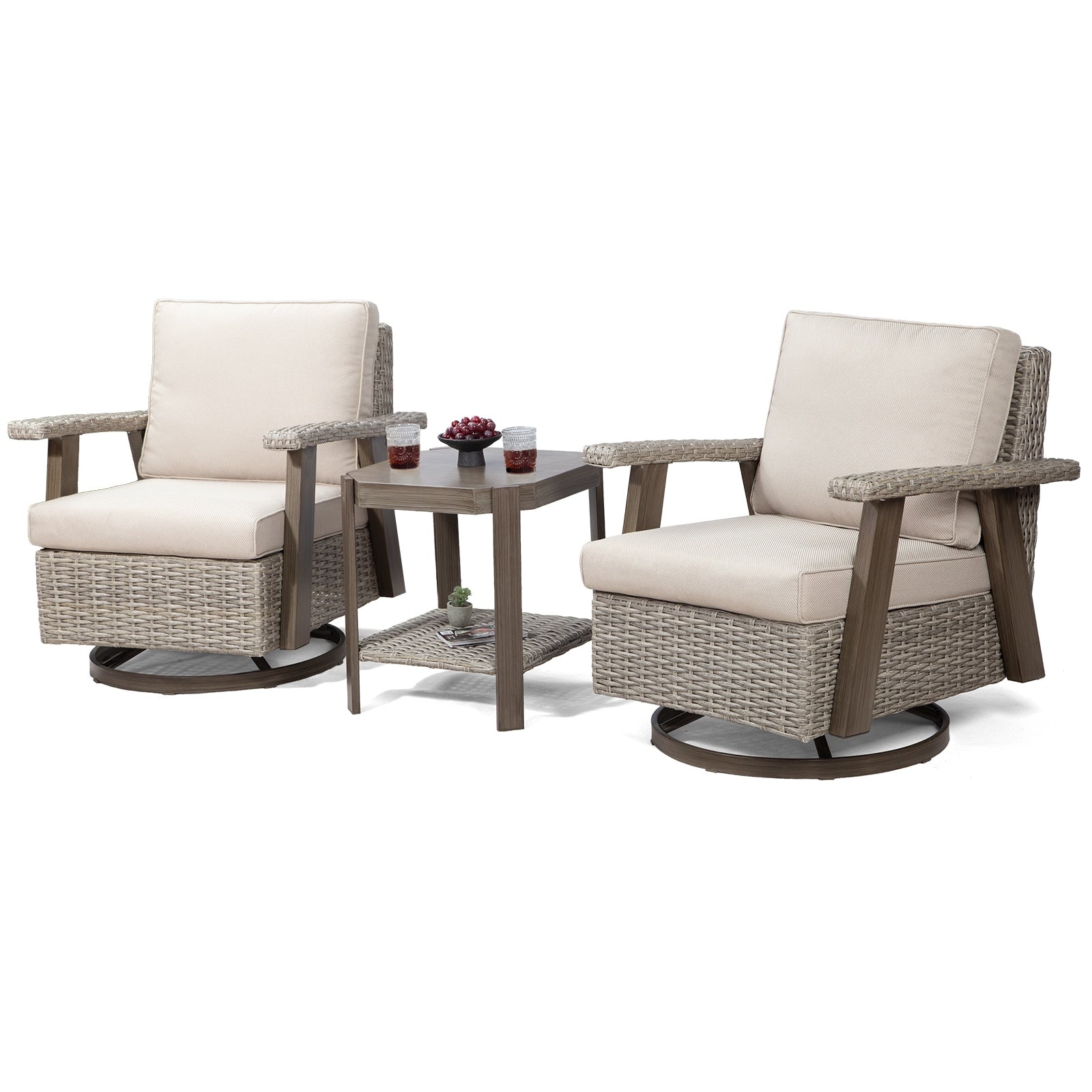 Ensemble de 3 chaises pivotantes à bascule en osier Cozywor pour patio