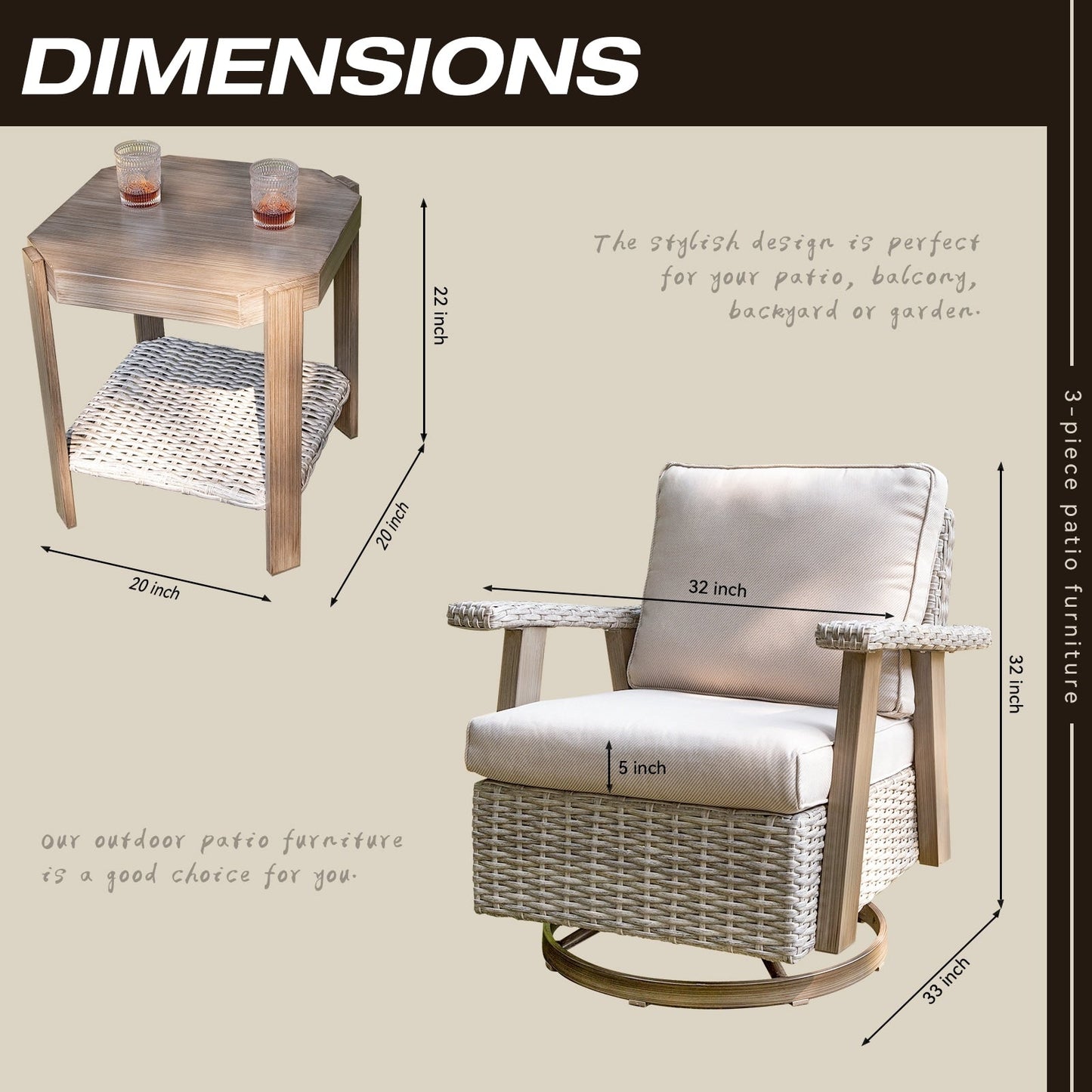 Ensemble de 3 chaises pivotantes à bascule en osier Cozywor pour patio