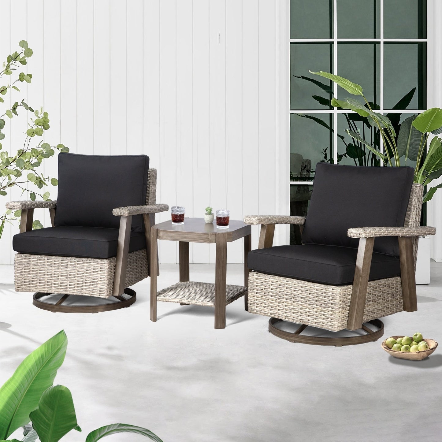 Ensemble de 3 chaises pivotantes à bascule en osier Cozywor pour patio