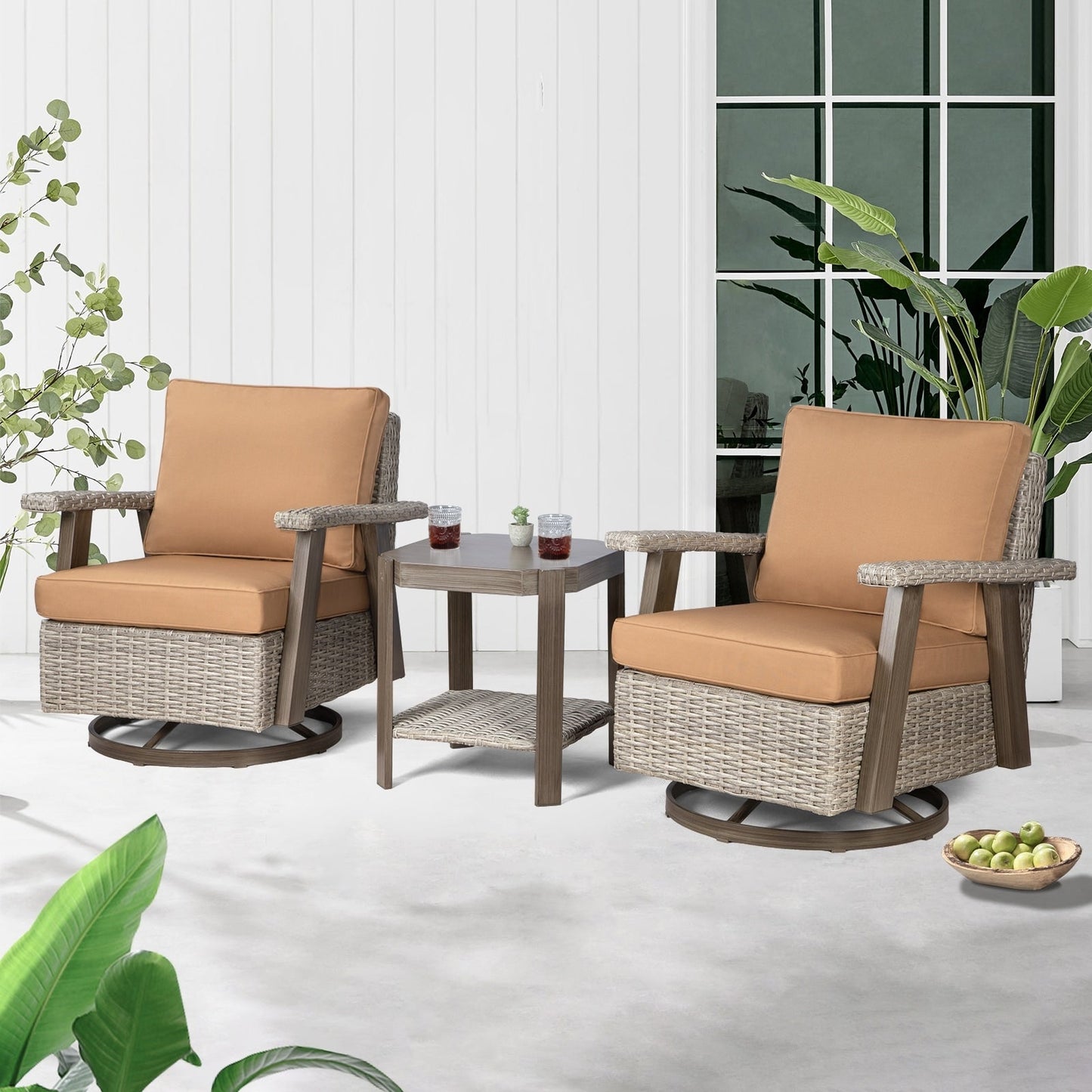 Ensemble de 3 chaises pivotantes à bascule en osier Cozywor pour patio