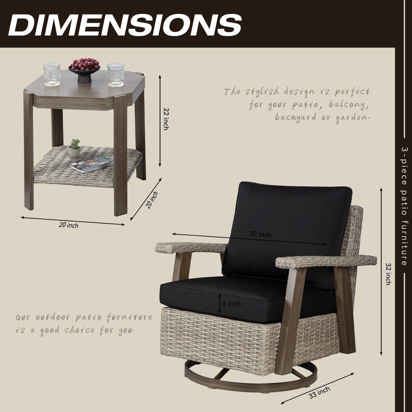 Ensemble de 3 chaises pivotantes à bascule en osier Cozywor pour patio