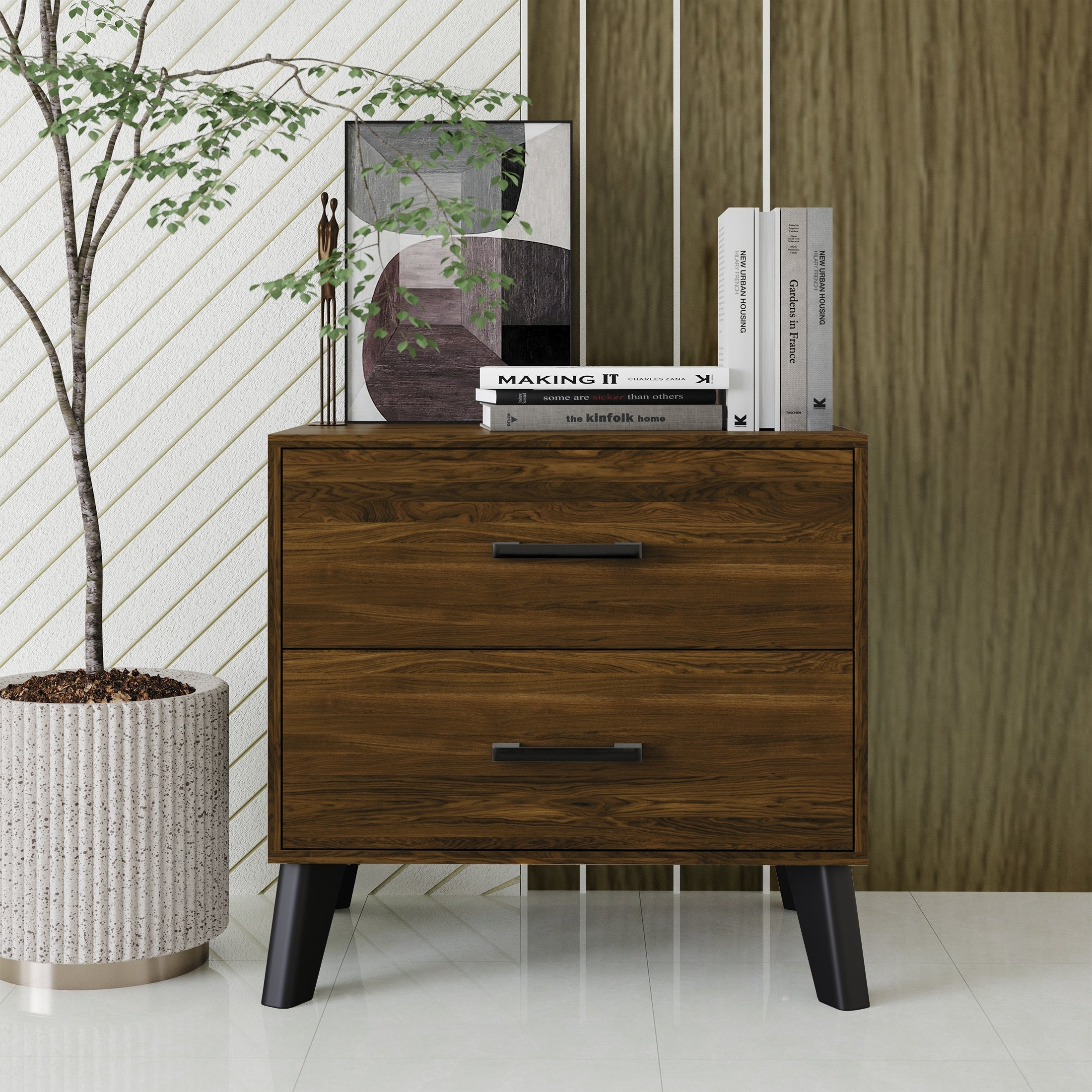 Table de chevet en bois à 2 tiroirs de style classique CraftPorch