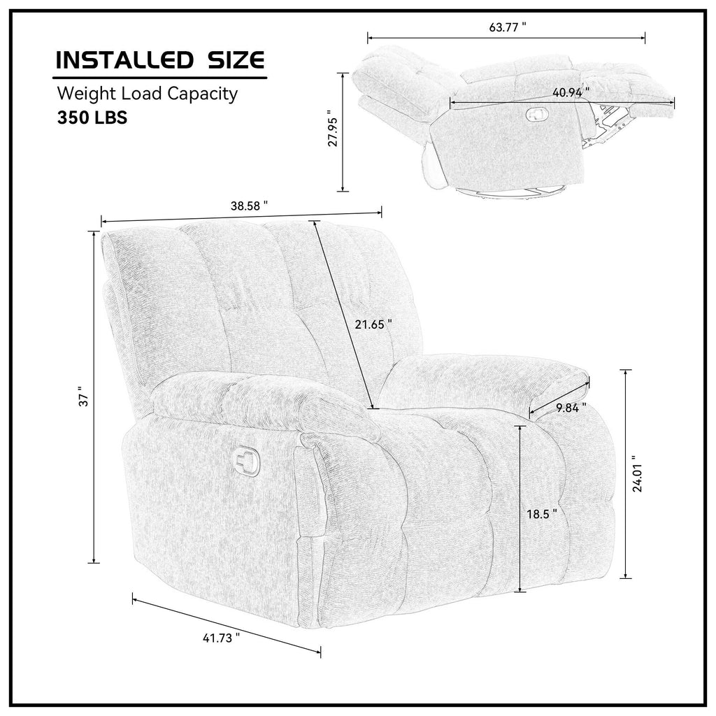 Fauteuil inclinable manuel pivotant à 360°, rembourré et crème, avec accoudoirs et siège plus larges pour le salon